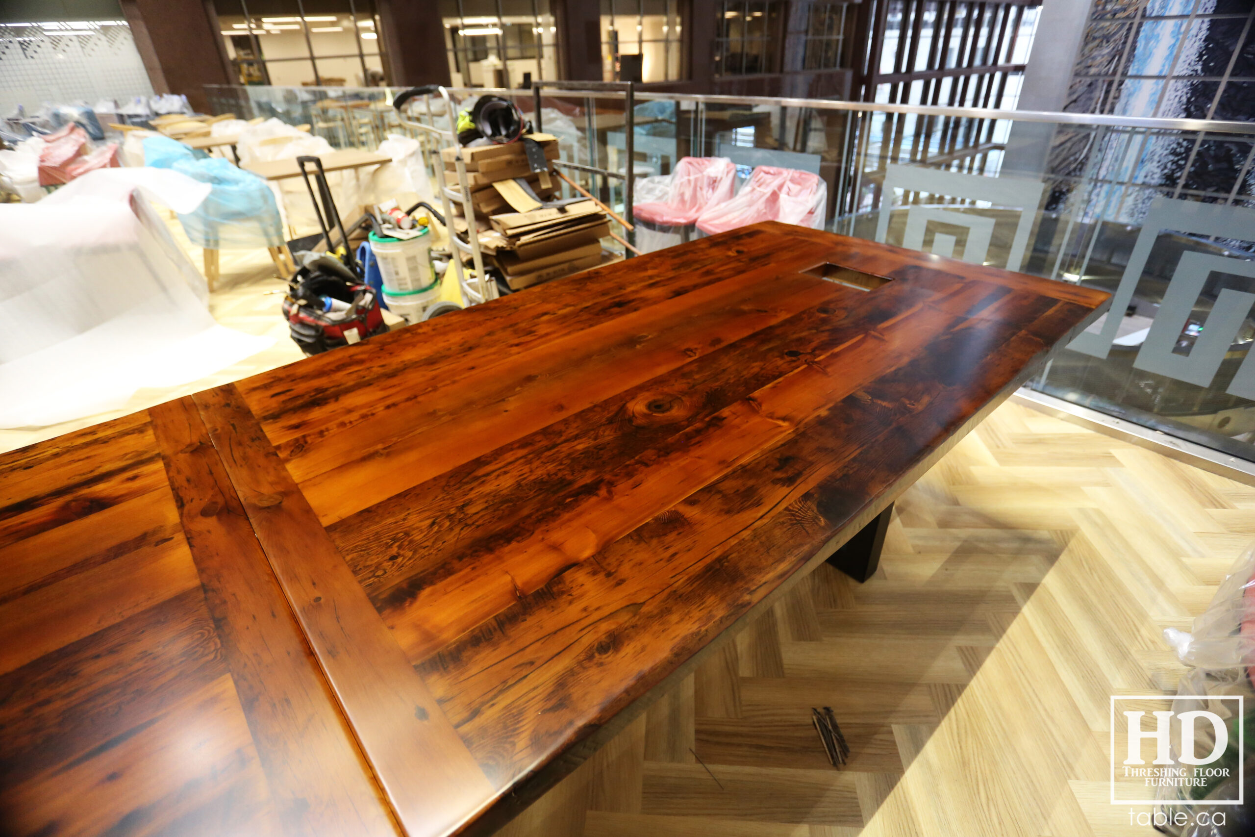 Boardroom Table with Metal Base made from Ontario Barnwood by HD Threshing Floor Furniture / www.table.ca