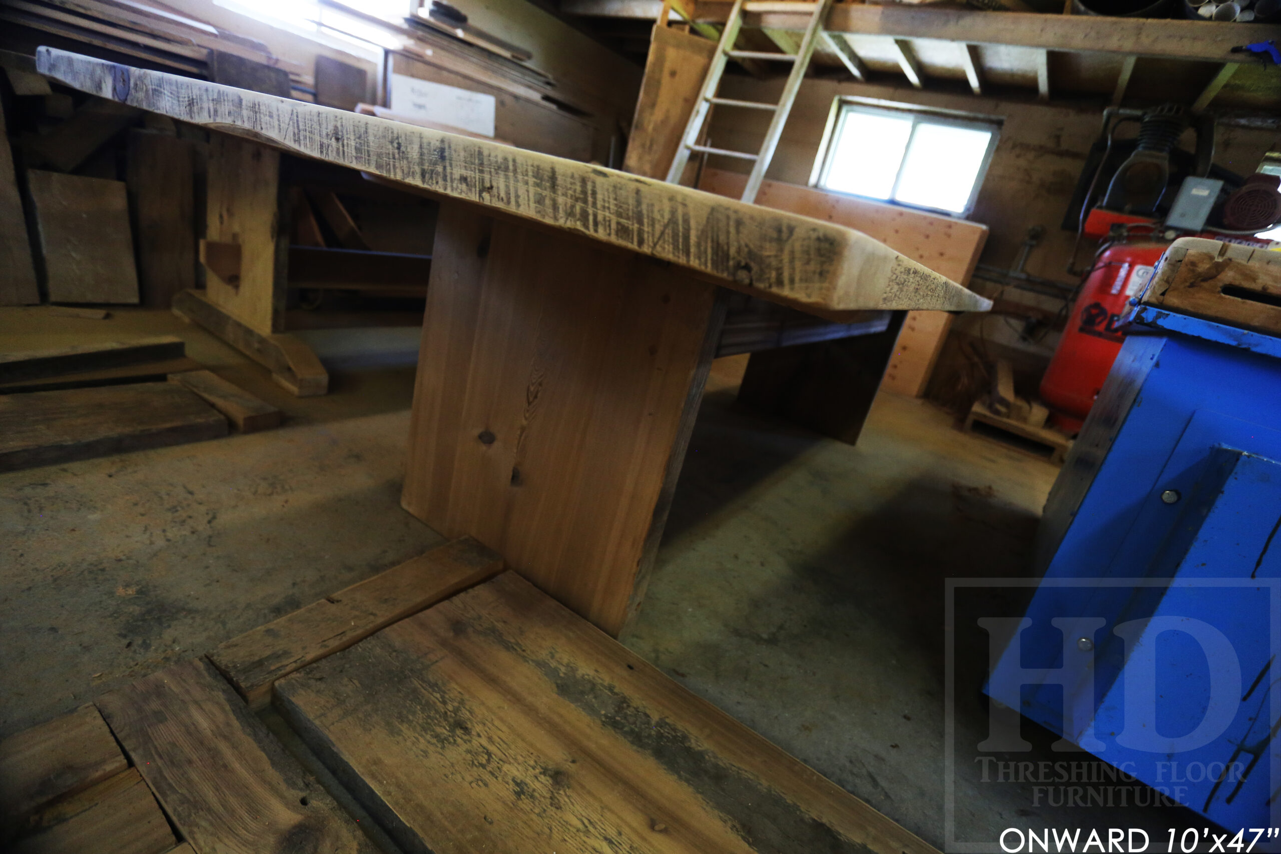 10 ft Reclaimed Wood Boardroom Table - 47" wide - Reclaimed Hemlock Threshing Floor Construction - Original edges & distressing maintained - Modern Plank style base - Custom metal logo routered into top - Premium epoxy + satin polyurethane finish / www.table.ca