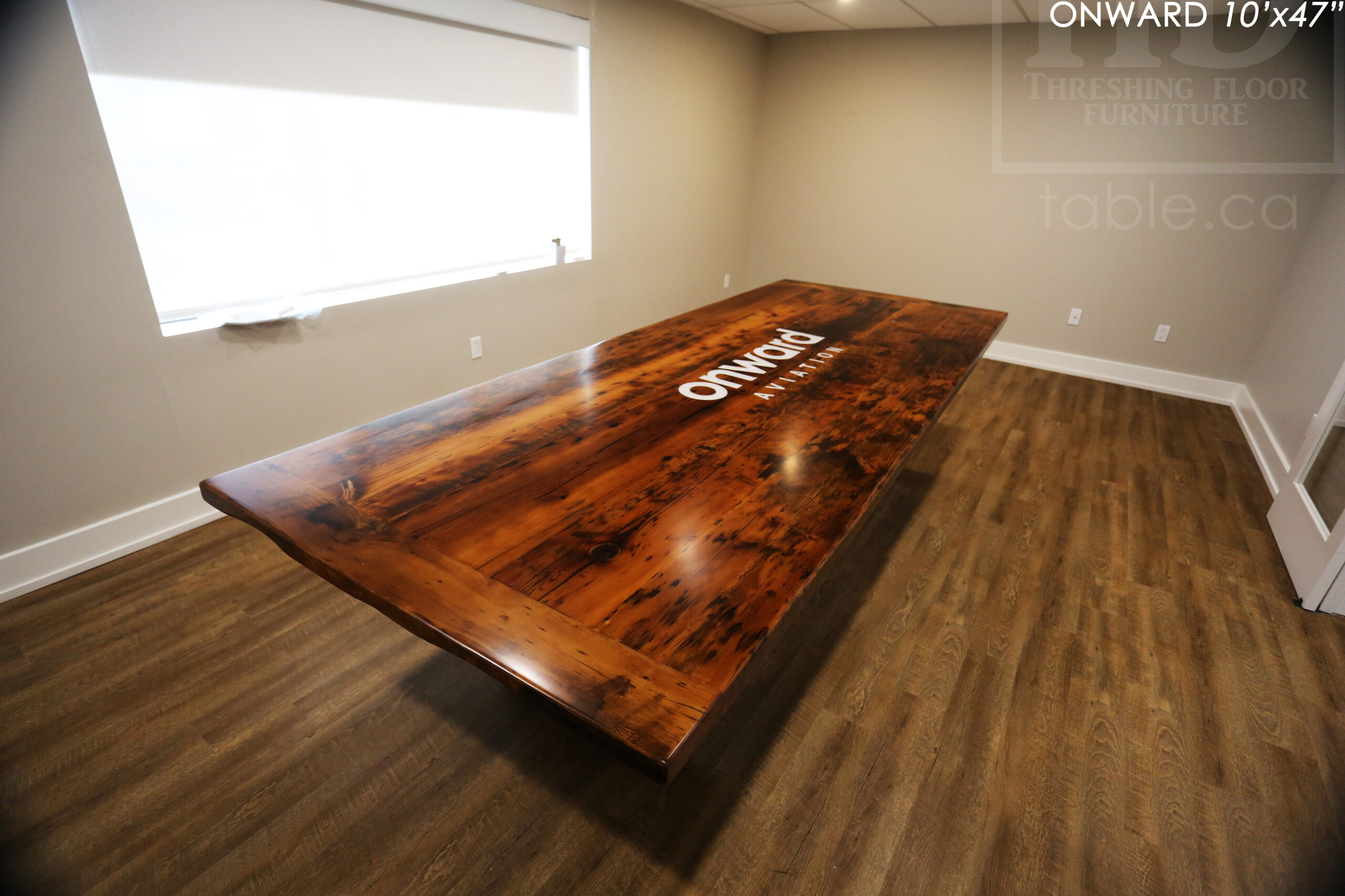 10 ft Reclaimed Wood Boardroom Table - 47" wide - Reclaimed Hemlock Threshing Floor Construction - Original edges & distressing maintained - Modern Plank style base - Custom metal logo routered into top - Premium epoxy + satin polyurethane finish / www.table.ca