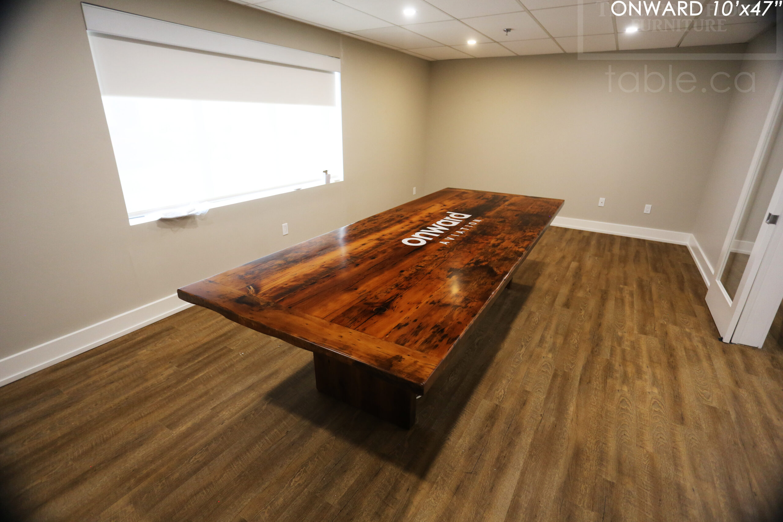 10 ft Reclaimed Wood Boardroom Table - 47" wide - Reclaimed Hemlock Threshing Floor Construction - Original edges & distressing maintained - Modern Plank style base - Custom metal logo routered into top - Premium epoxy + satin polyurethane finish / www.table.ca