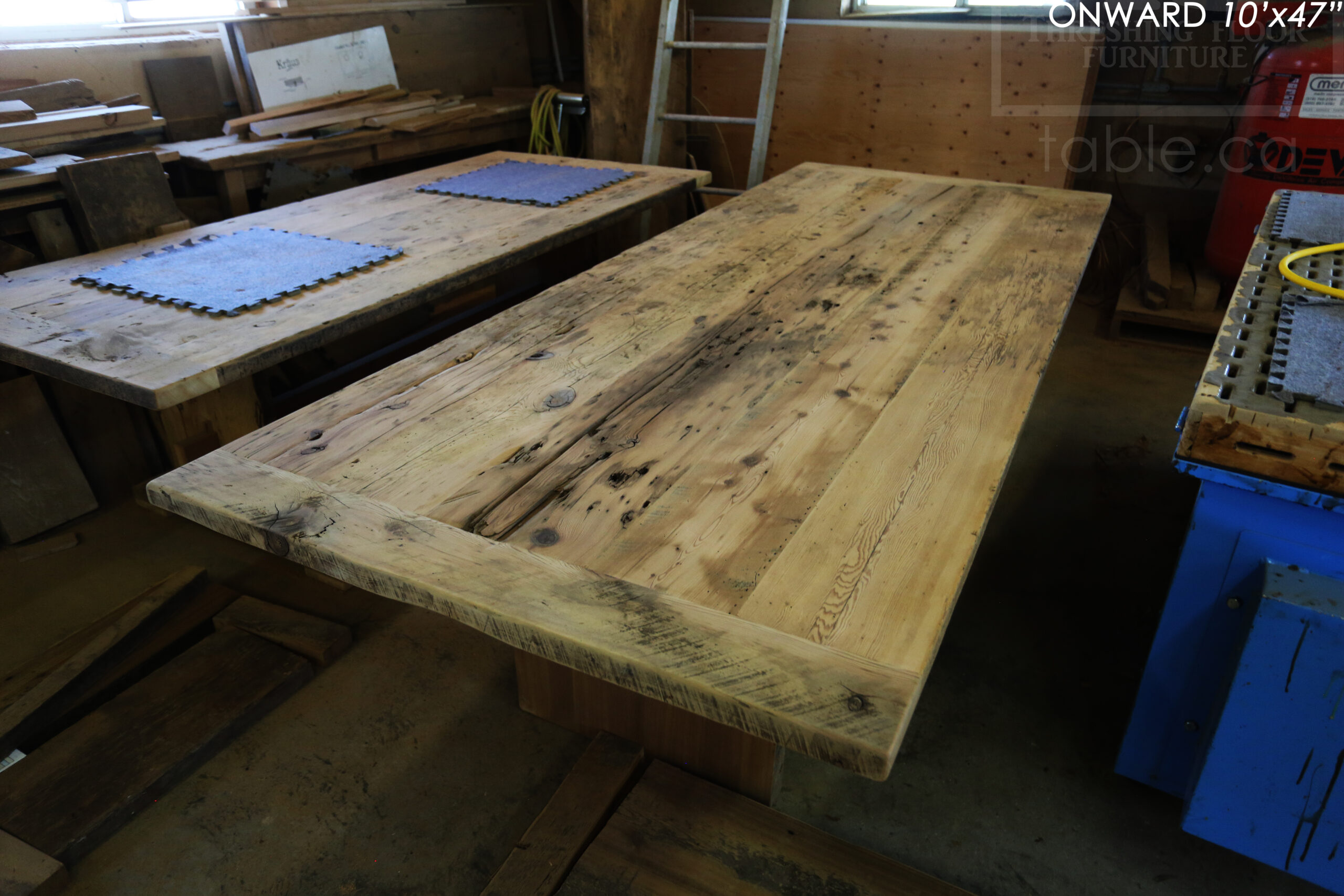 10 ft Reclaimed Wood Boardroom Table - 47" wide - Reclaimed Hemlock Threshing Floor Construction - Original edges & distressing maintained - Modern Plank style base - Custom metal logo routered into top - Premium epoxy + satin polyurethane finish / www.table.ca