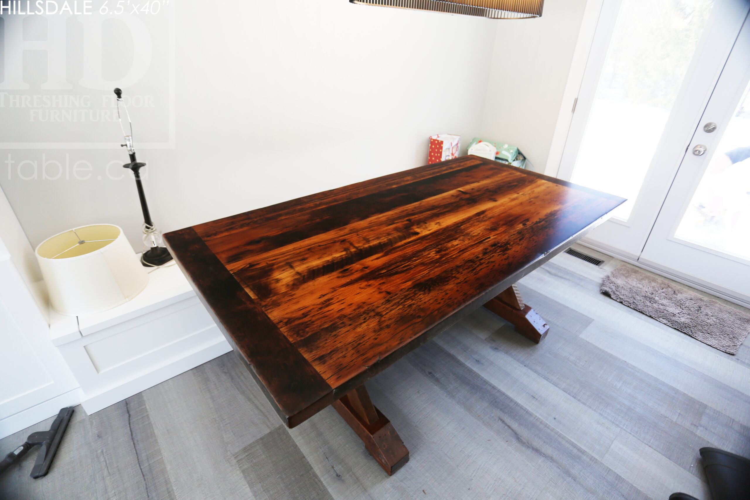 6.5' Reclaimed Wood Table for Hillsdale home - 40" wide - Sawbuck Base - Hemlock Ontario Barnwood Construction - Original edges & distressing maintained - Premium epoxy + matte polyurethane finish / www.table.ca