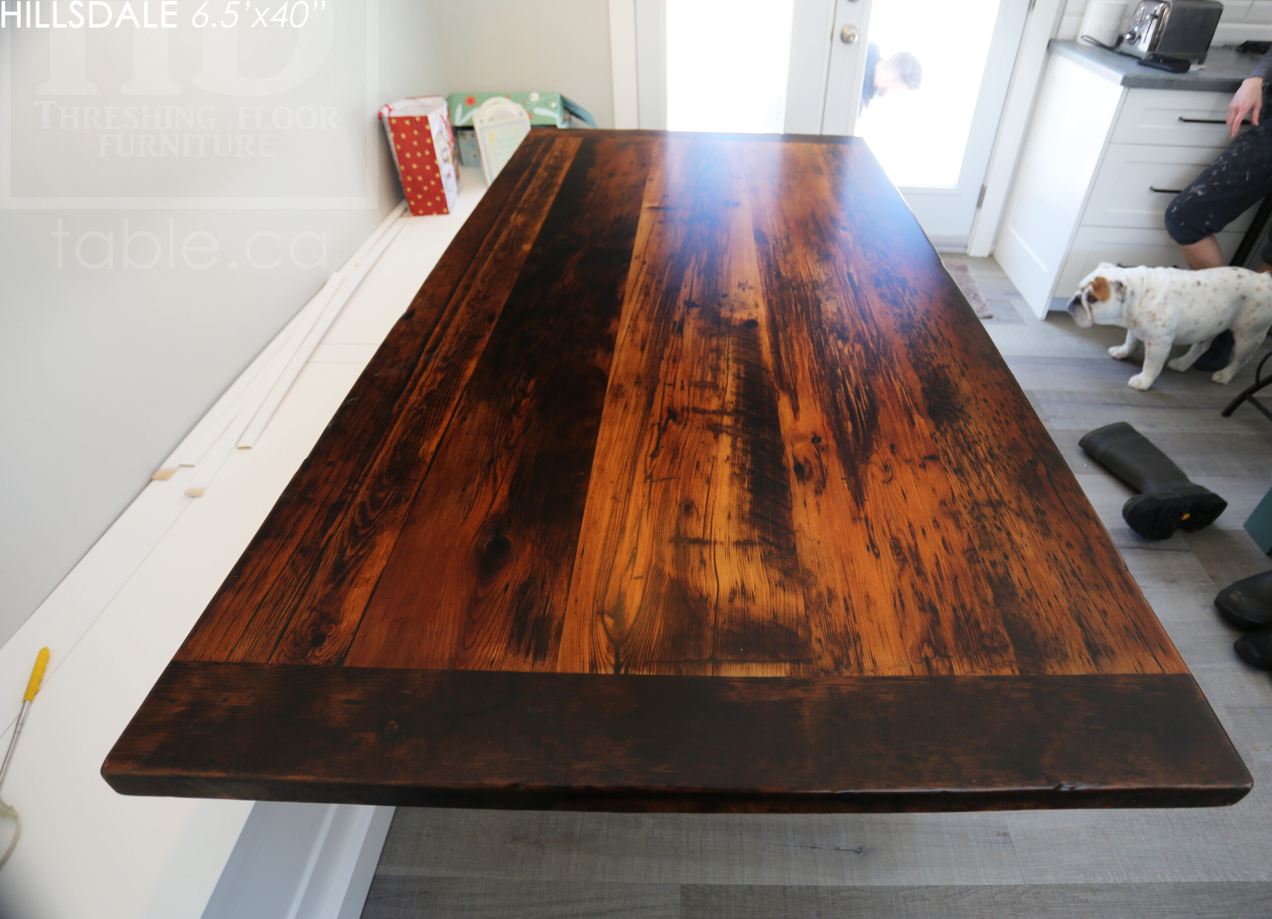 6.5' Reclaimed Wood Table for Hillsdale home - 40" wide - Sawbuck Base - Hemlock Ontario Barnwood Construction - Original edges & distressing maintained - Premium epoxy + matte polyurethane finish / www.table.ca