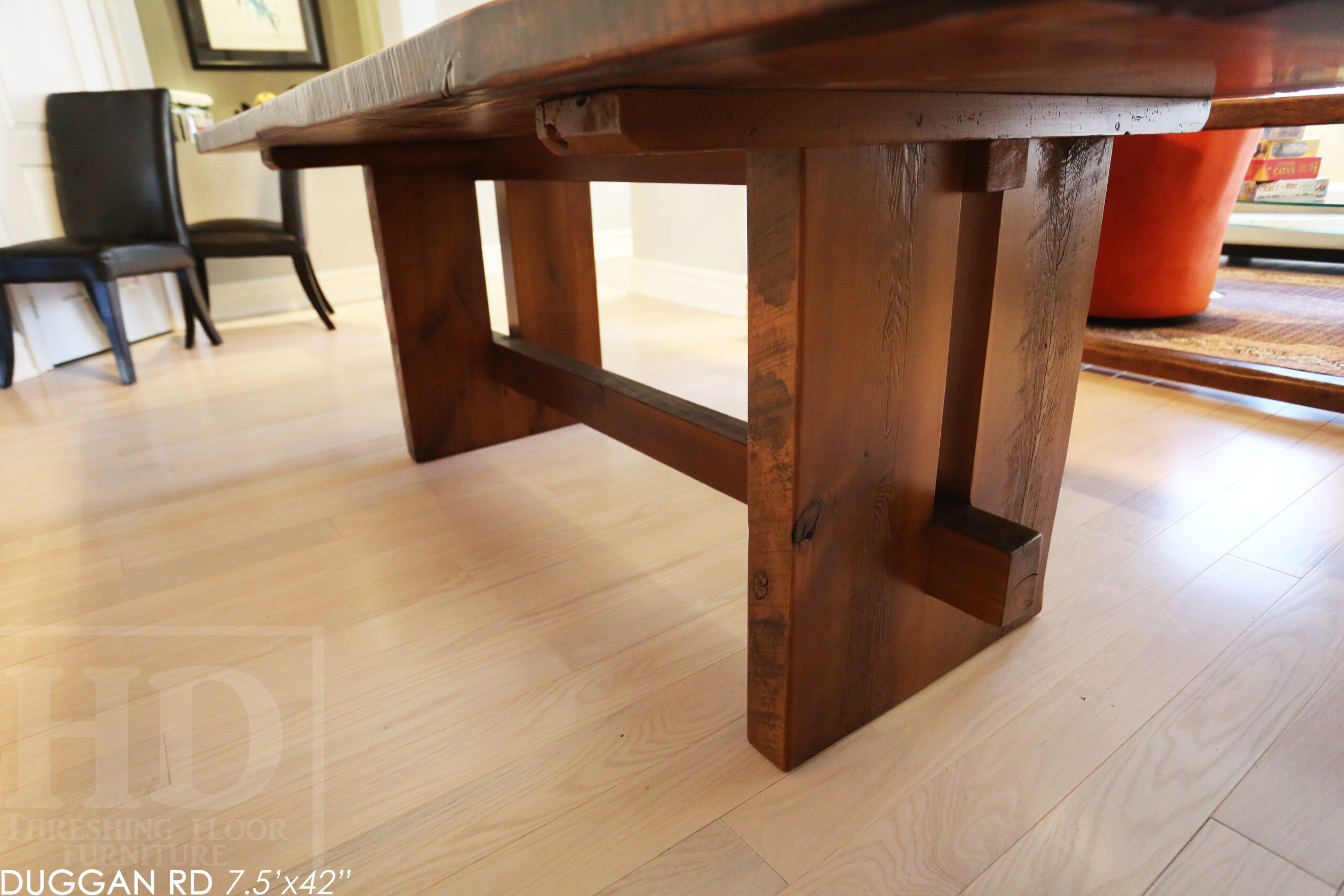 7' Reclaimed Wood Table made from Ontario barnwood for Toronto home - 42" wide - Modified Plank Base Option - Hemlock Threshing Floor Construction - Original edges & distressing maintained - Premium epoxy + satin polyurethane finish 