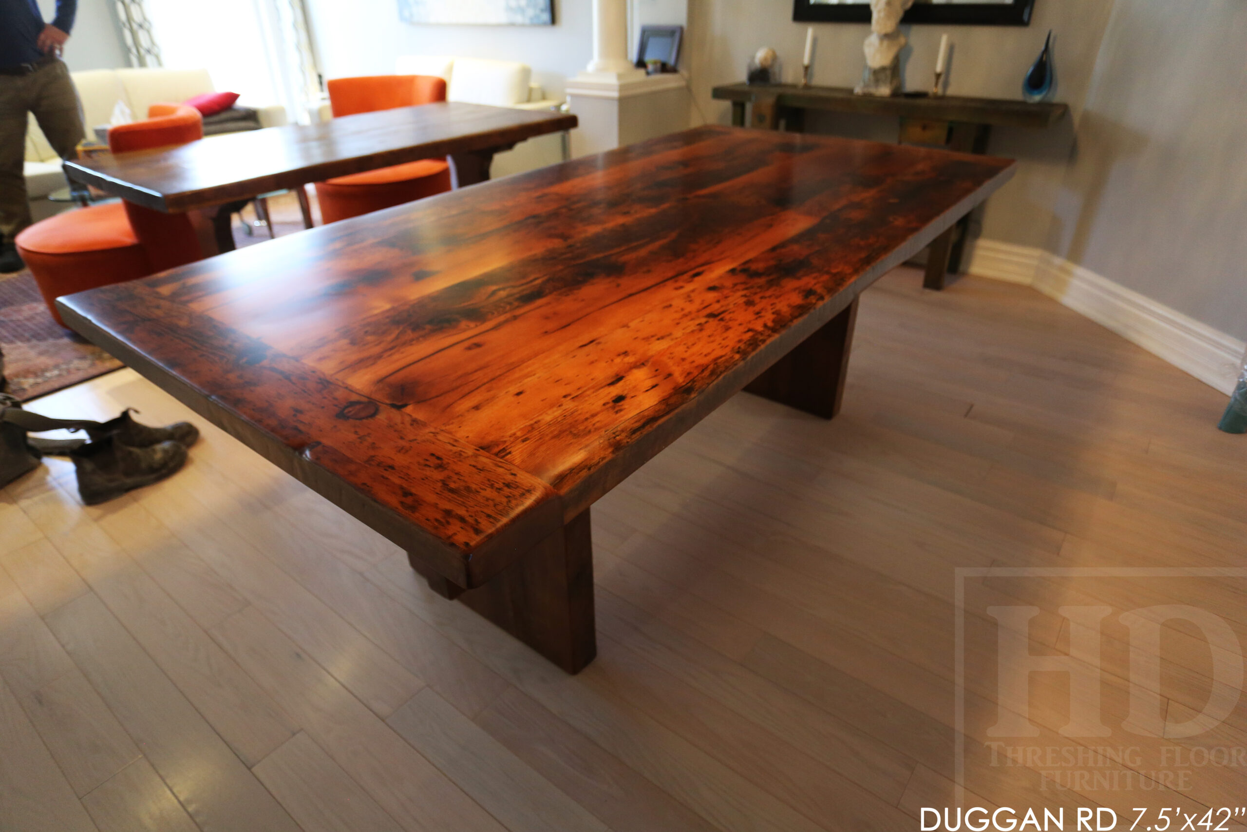 7' Reclaimed Wood Table made from Ontario barnwood for Toronto home - 42" wide - Modified Plank Base Option - Hemlock Threshing Floor Construction - Original edges & distressing maintained - Premium epoxy + satin polyurethane finish 