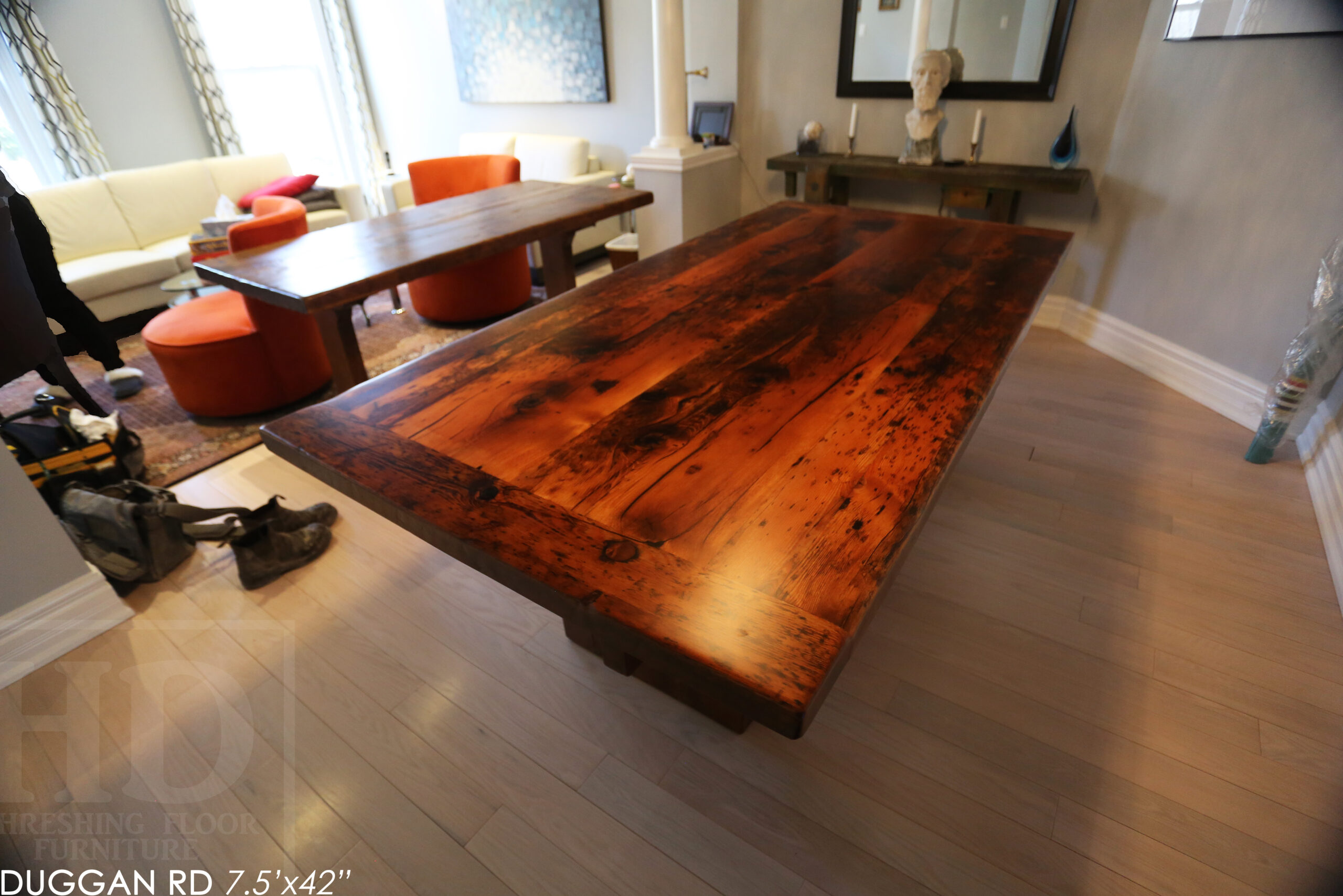 7' Reclaimed Wood Table made from Ontario barnwood for Toronto home - 42" wide - Modified Plank Base Option - Hemlock Threshing Floor Construction - Original edges & distressing maintained - Premium epoxy + satin polyurethane finish 