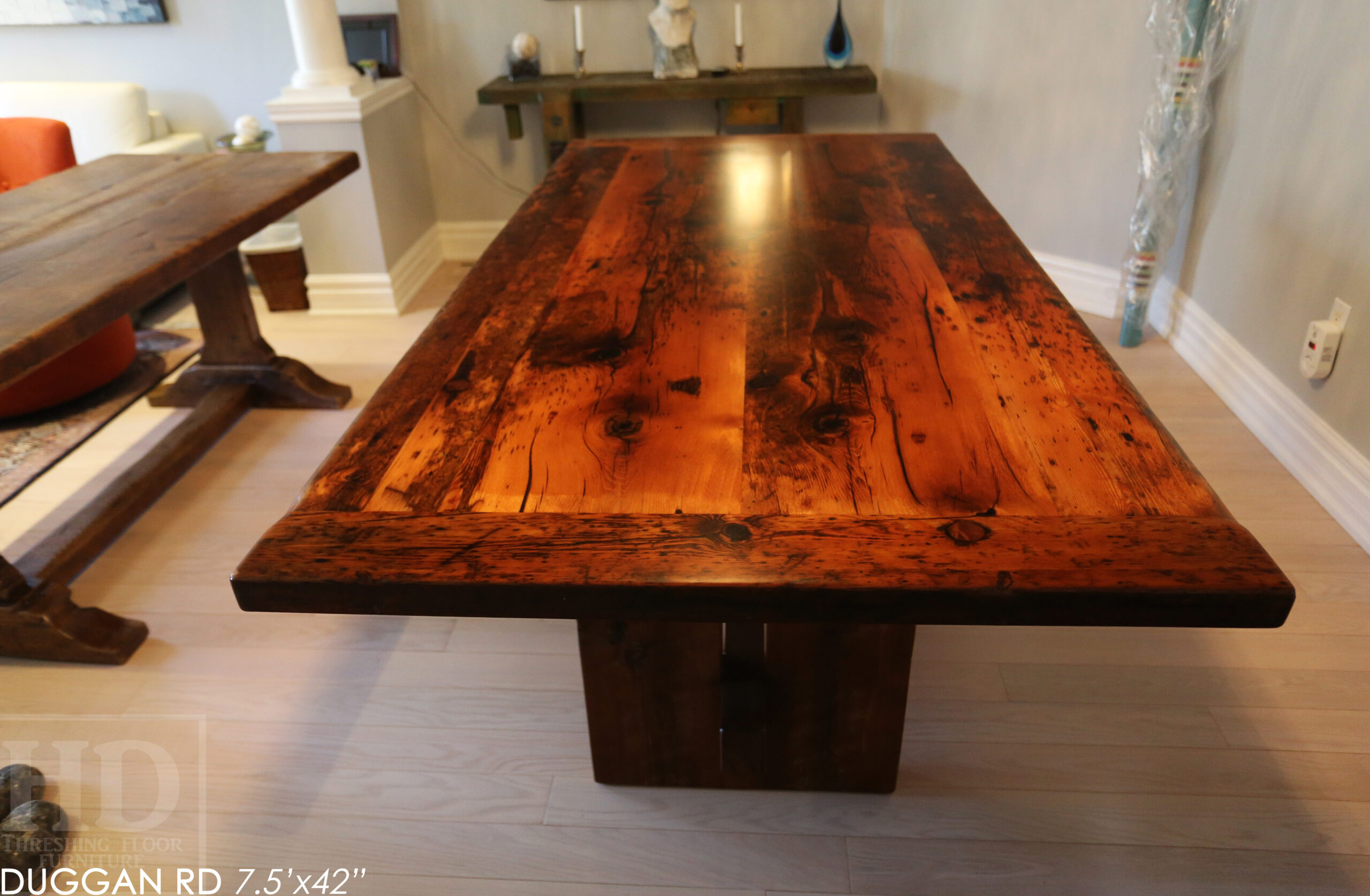 7.5' Reclaimed Wood Table made from Ontario barnwood for Toronto home - 42" wide - Modified Plank Base Option - Hemlock Threshing Floor Construction - Original edges & distressing maintained - Premium epoxy + satin polyurethane finish 