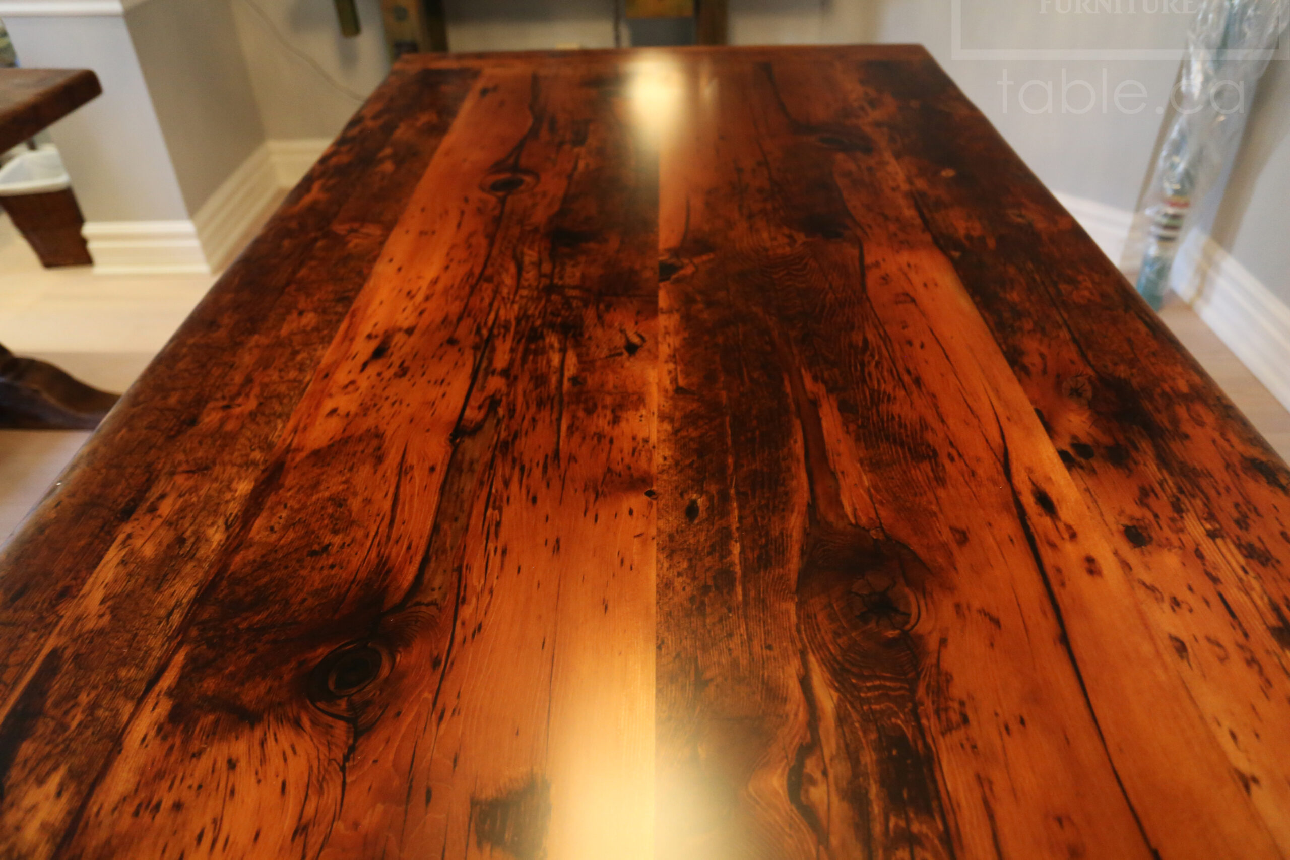 7.5' Reclaimed Wood Table made from Ontario barnwood for Toronto home - 42" wide - Modified Plank Base Option - Hemlock Threshing Floor Construction - Original edges & distressing maintained - Premium epoxy + satin polyurethane finish 