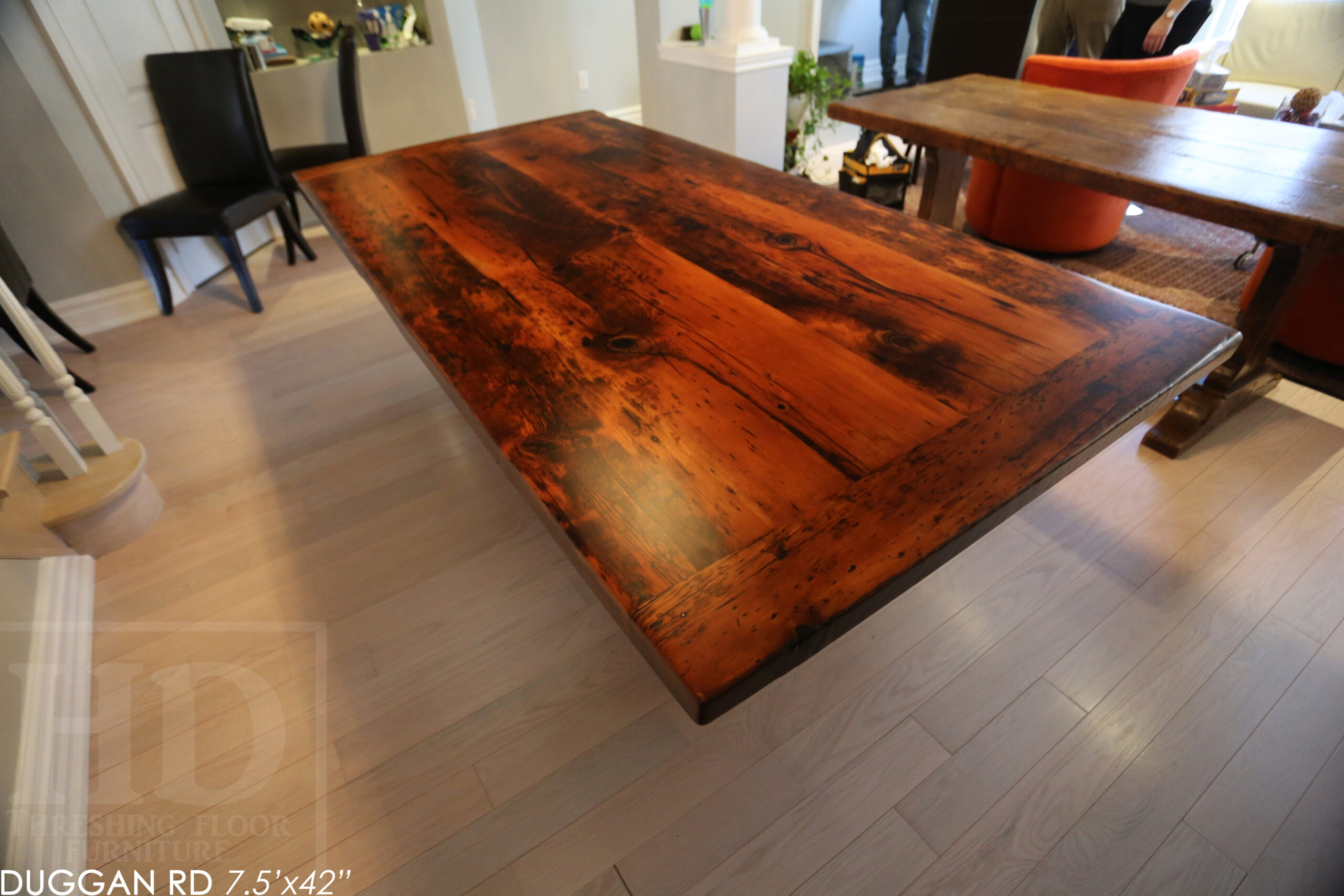 7.5' Reclaimed Wood Table made from Ontario barnwood for Toronto home - 42" wide - Modified Plank Base Option - Hemlock Threshing Floor Construction - Original edges & distressing maintained - Premium epoxy + satin polyurethane finish 