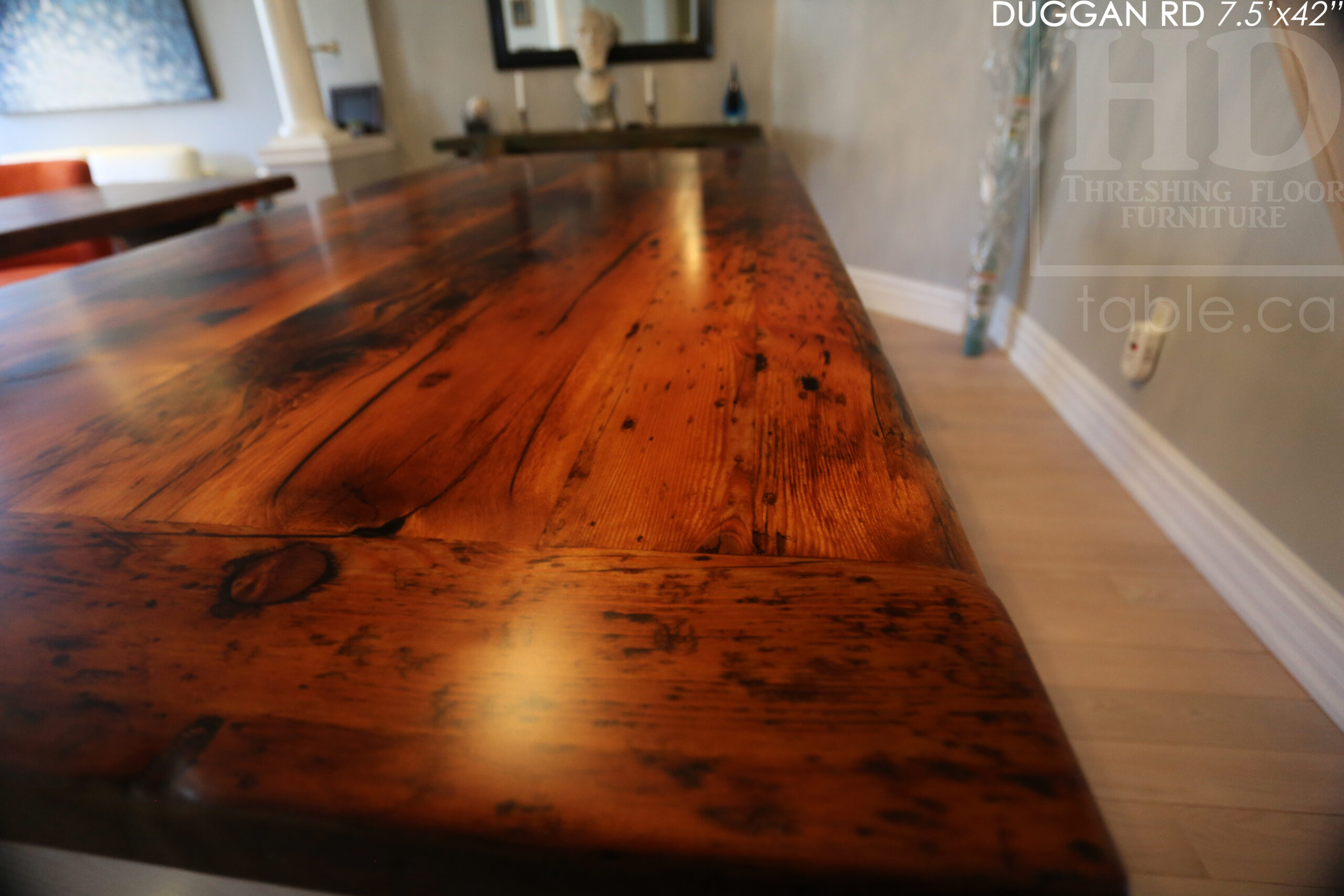 7.5' Reclaimed Wood Table made from Ontario barnwood for Toronto home - 42" wide - Modified Plank Base Option - Hemlock Threshing Floor Construction - Original edges & distressing maintained - Premium epoxy + satin polyurethane finish 