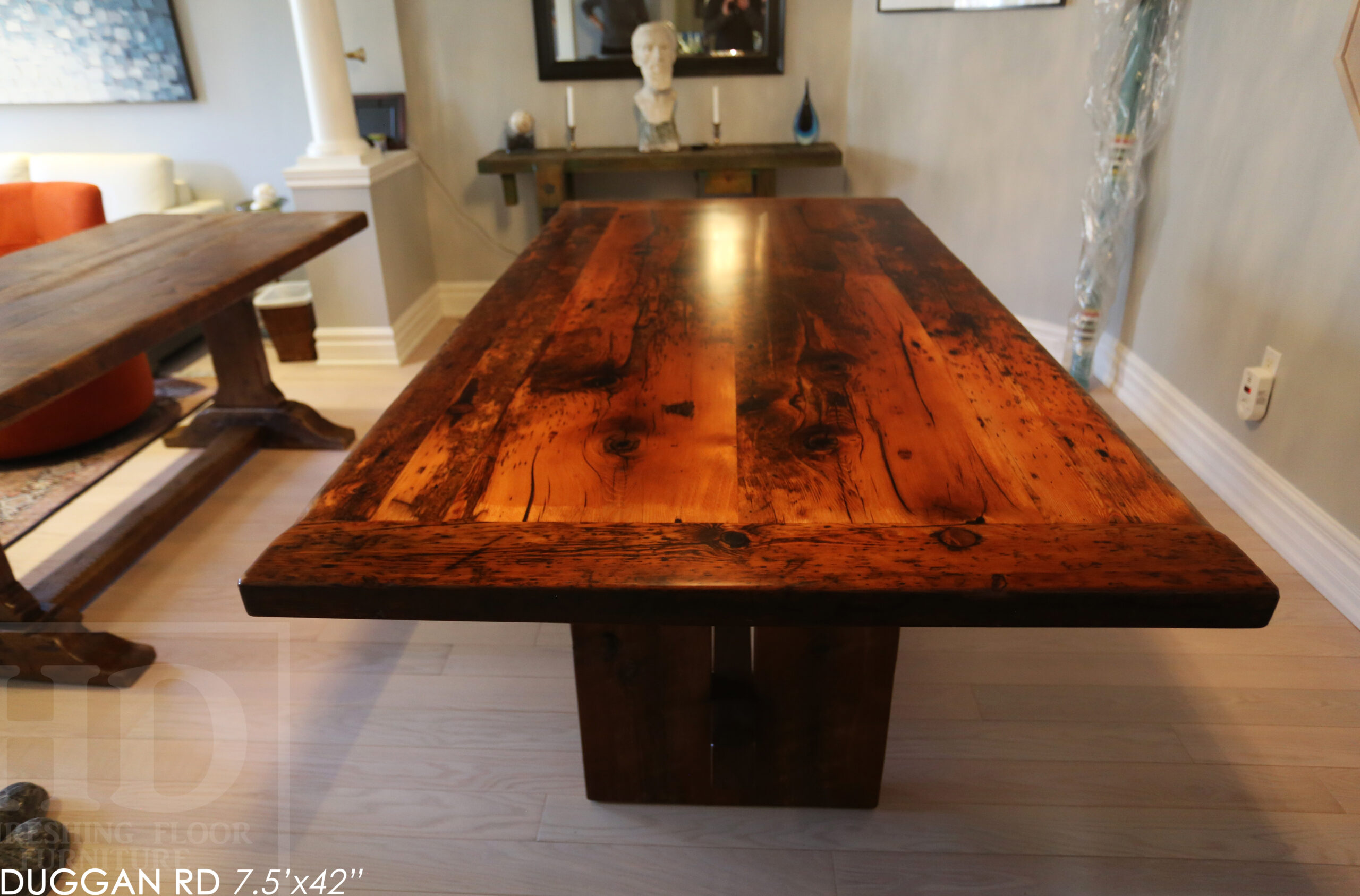 7' Reclaimed Wood Table made from Ontario barnwood for Toronto home - 42" wide - Modified Plank Base Option - Hemlock Threshing Floor Construction - Original edges & distressing maintained - Premium epoxy + satin polyurethane finish 