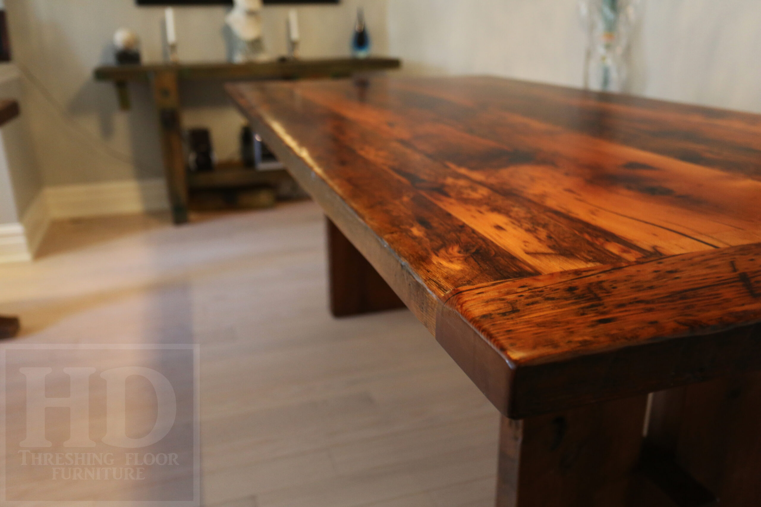 7.5' Reclaimed Wood Table made from Ontario barnwood for Toronto home - 42" wide - Modified Plank Base Option - Hemlock Threshing Floor Construction - Original edges & distressing maintained - Premium epoxy + satin polyurethane finish 