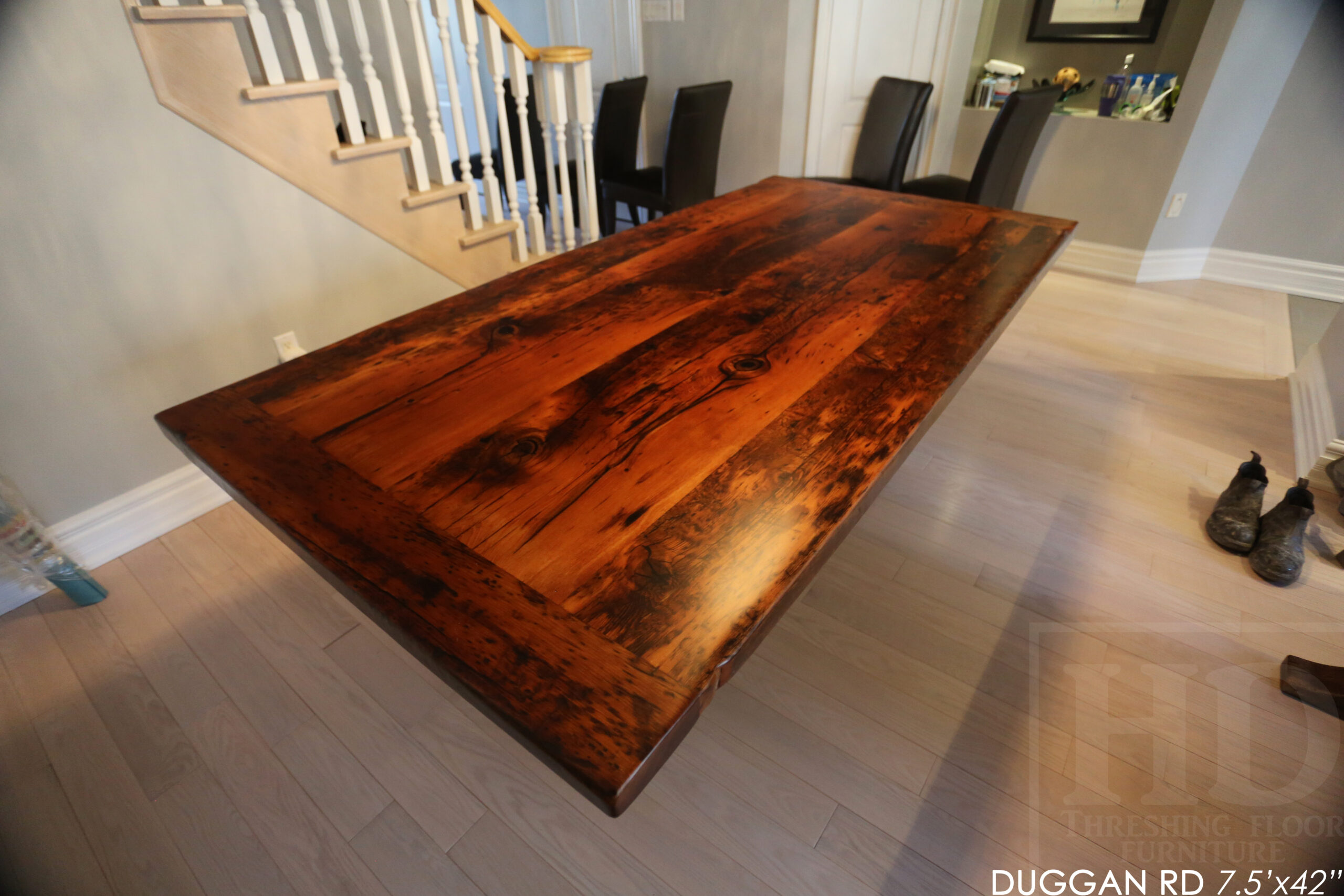 7.5' Reclaimed Wood Table made from Ontario barnwood for Toronto home - 42" wide - Modified Plank Base Option - Hemlock Threshing Floor Construction - Original edges & distressing maintained - Premium epoxy + satin polyurethane finish 