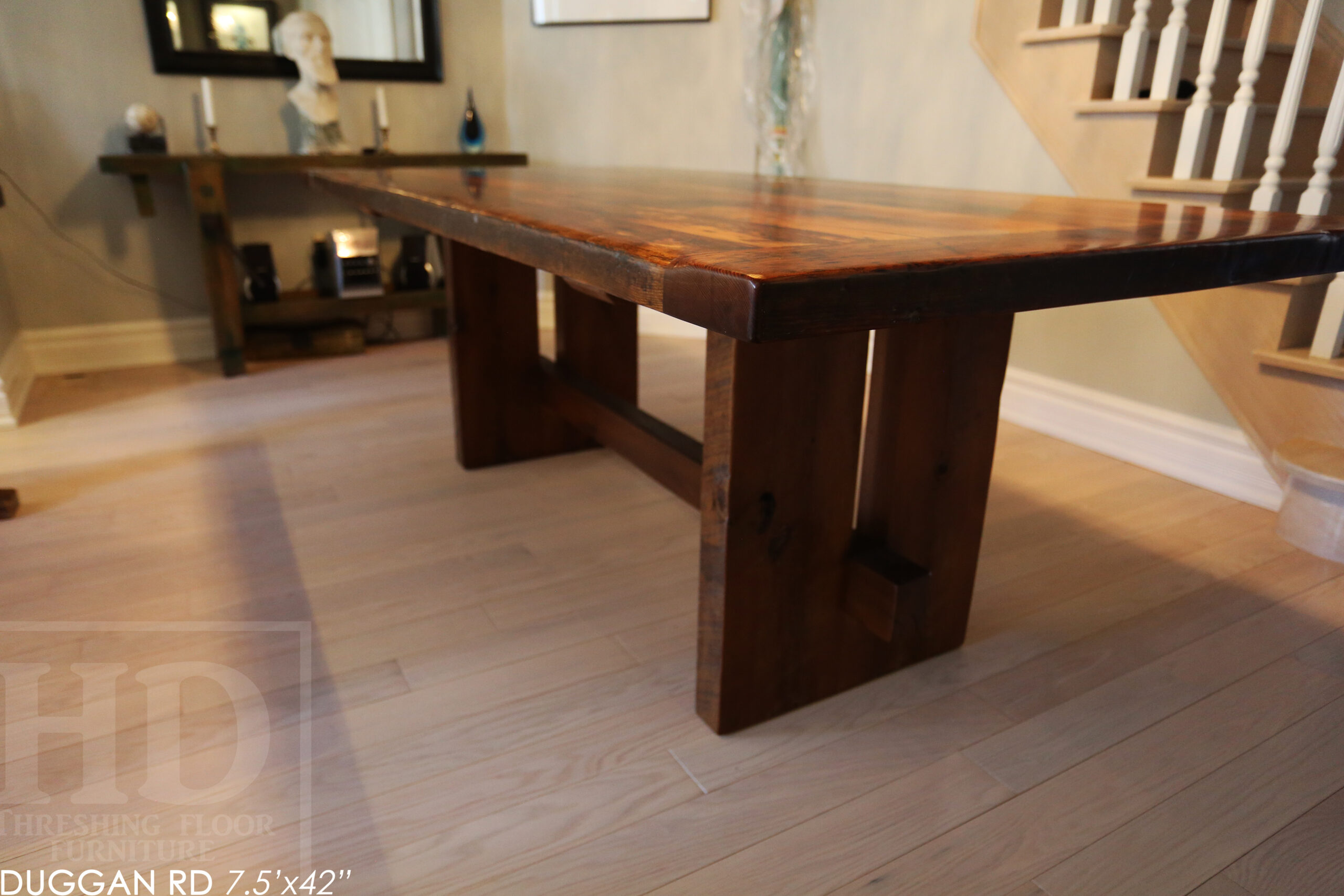 7.5' Reclaimed Wood Table made from Ontario barnwood for Toronto home - 42" wide - Modified Plank Base Option - Hemlock Threshing Floor Construction - Original edges & distressing maintained - Premium epoxy + satin polyurethane finish 