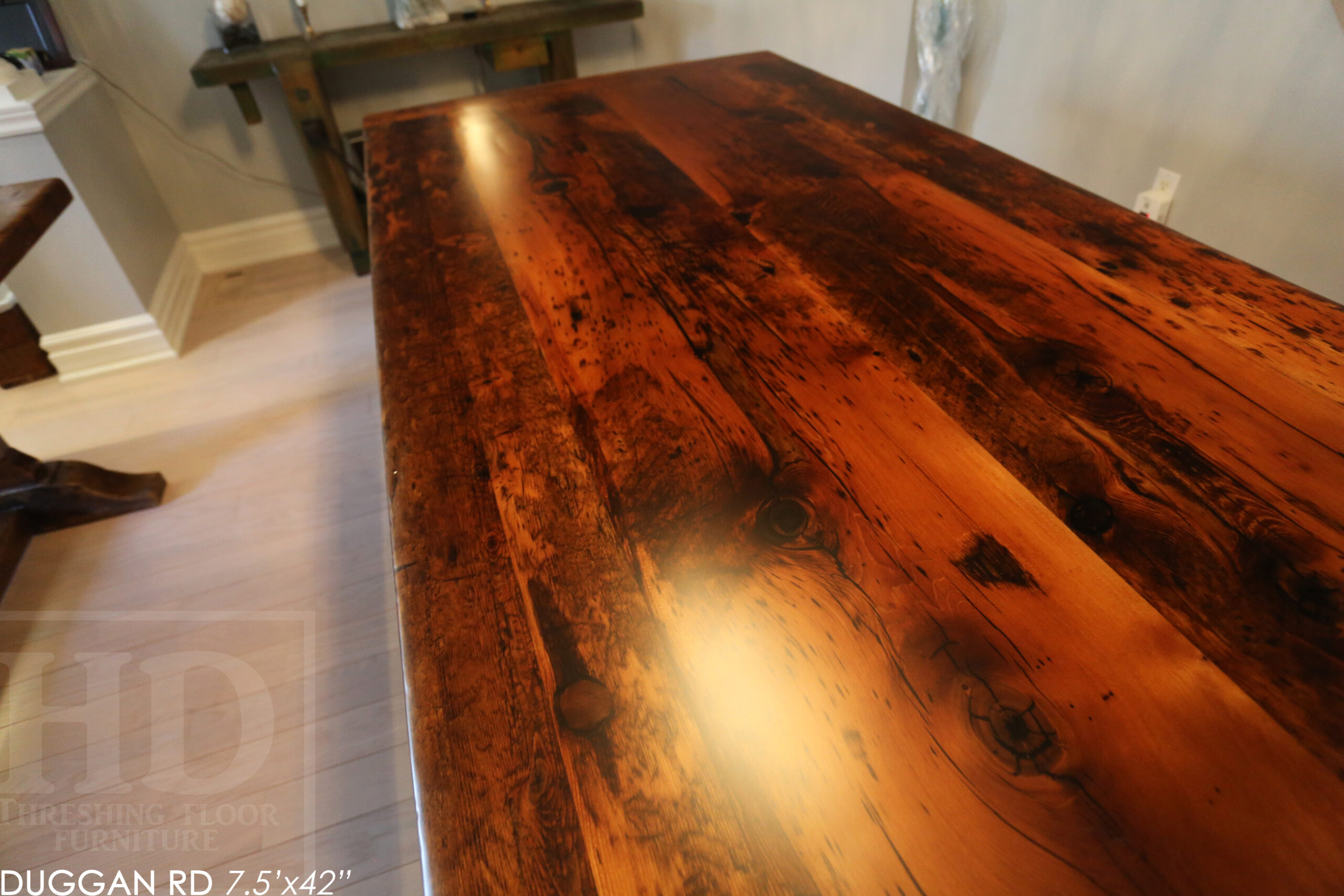 7.5' Reclaimed Wood Table made from Ontario barnwood for Toronto home - 42" wide - Modified Plank Base Option - Hemlock Threshing Floor Construction - Original edges & distressing maintained - Premium epoxy + satin polyurethane finish 