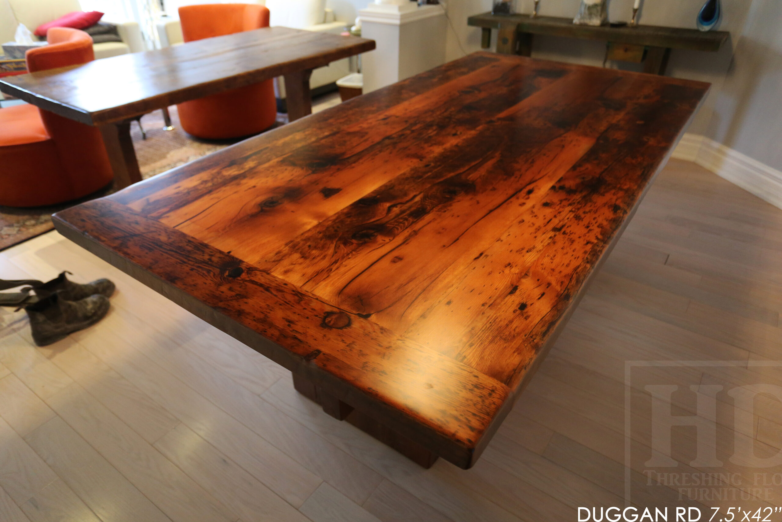 7.5' Reclaimed Wood Table made from Ontario barnwood for Toronto home - 42" wide - Modified Plank Base Option - Hemlock Threshing Floor Construction - Original edges & distressing maintained - Premium epoxy + satin polyurethane finish 