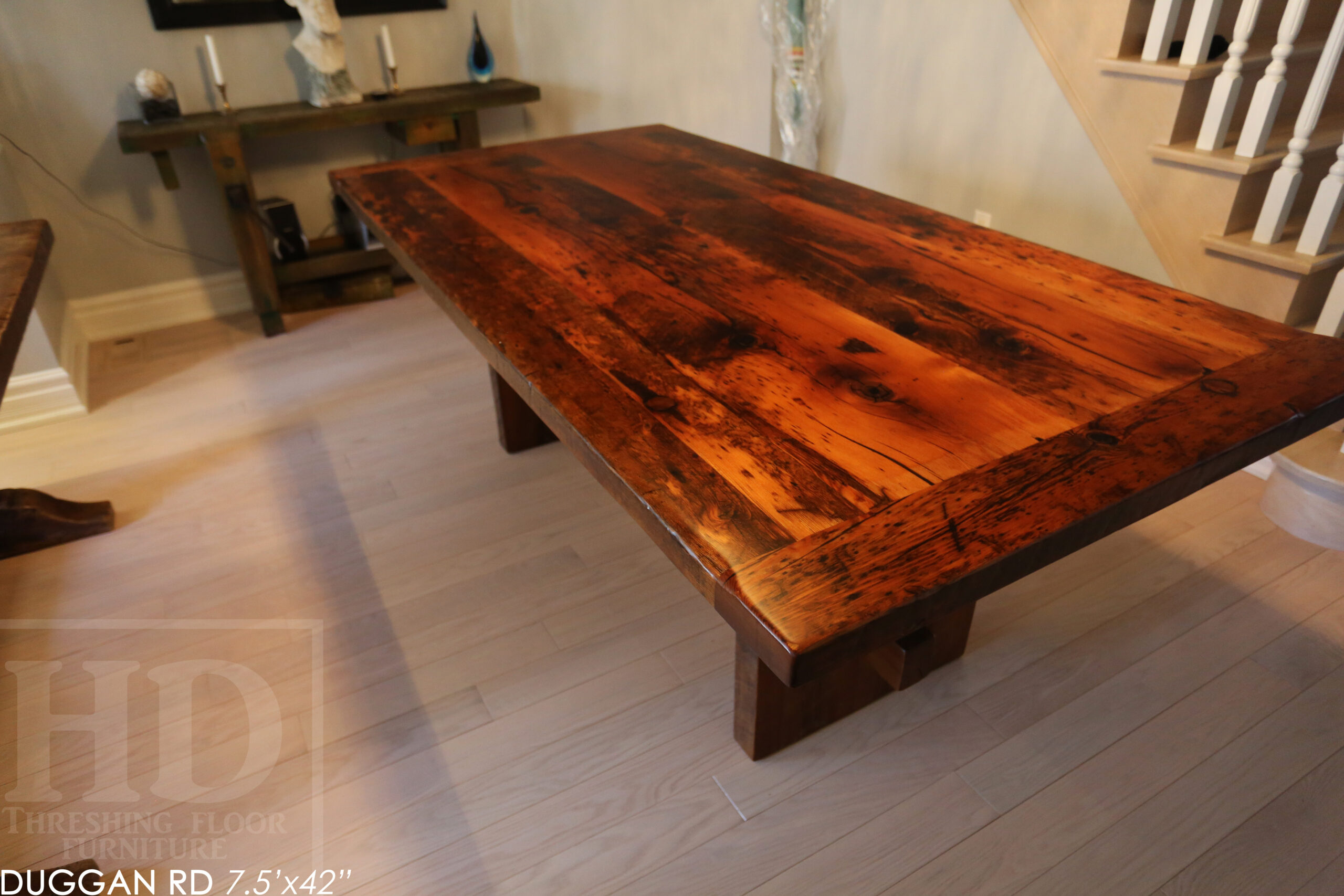7' Reclaimed Wood Table made from Ontario barnwood for Toronto home - 42" wide - Modified Plank Base Option - Hemlock Threshing Floor Construction - Original edges & distressing maintained - Premium epoxy + satin polyurethane finish 