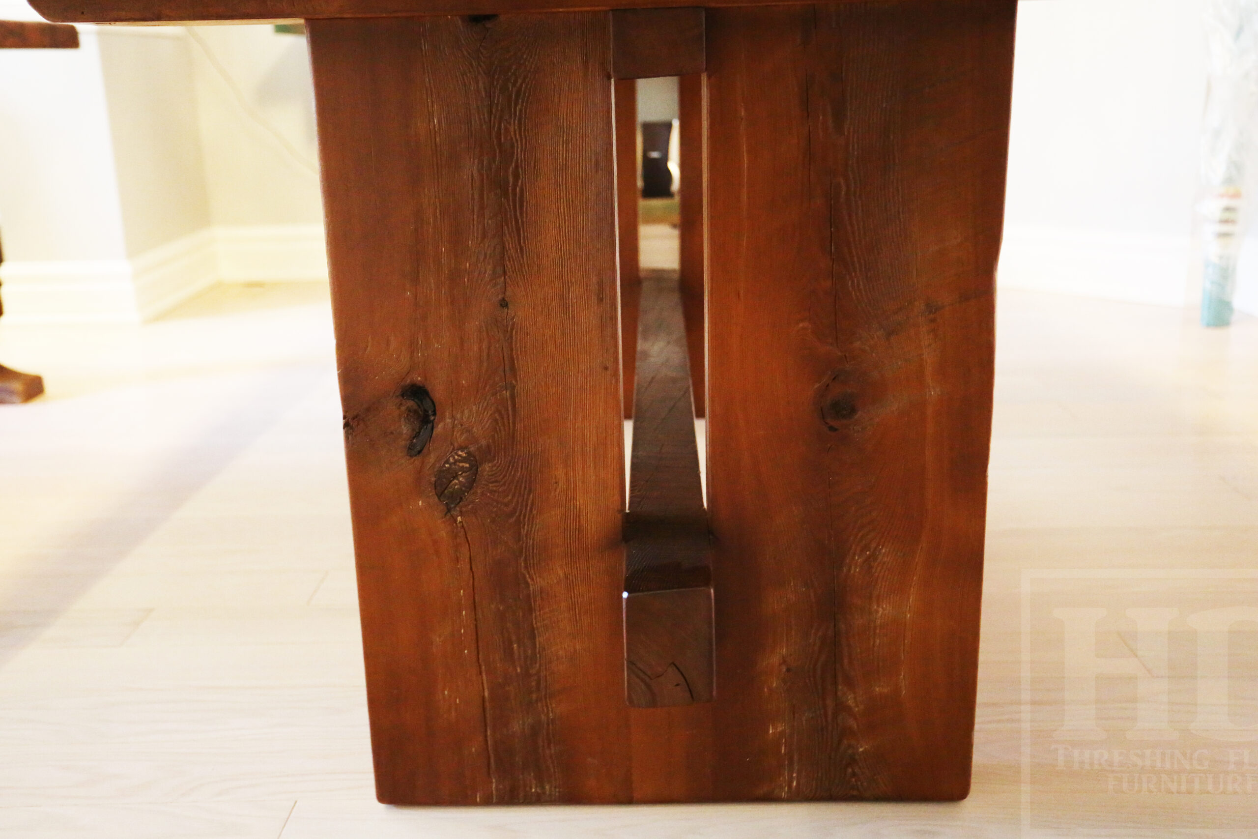 7' Reclaimed Wood Table made from Ontario barnwood for Toronto home - 42" wide - Modified Plank Base Option - Hemlock Threshing Floor Construction - Original edges & distressing maintained - Premium epoxy + satin polyurethane finish 