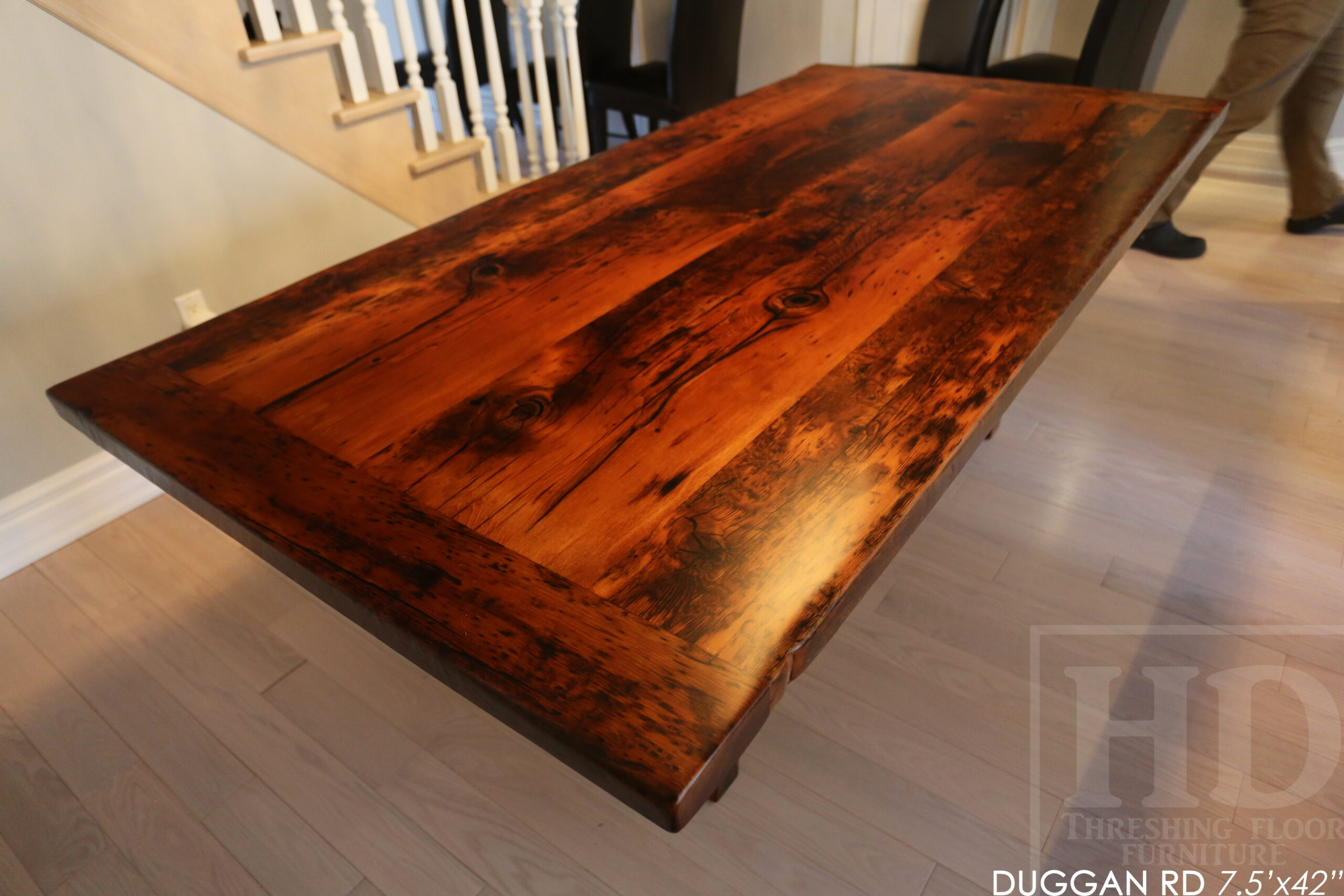 7' Reclaimed Wood Table made from Ontario barnwood for Toronto home - 42" wide - Modified Plank Base Option - Hemlock Threshing Floor Construction - Original edges & distressing maintained - Premium epoxy + satin polyurethane finish 