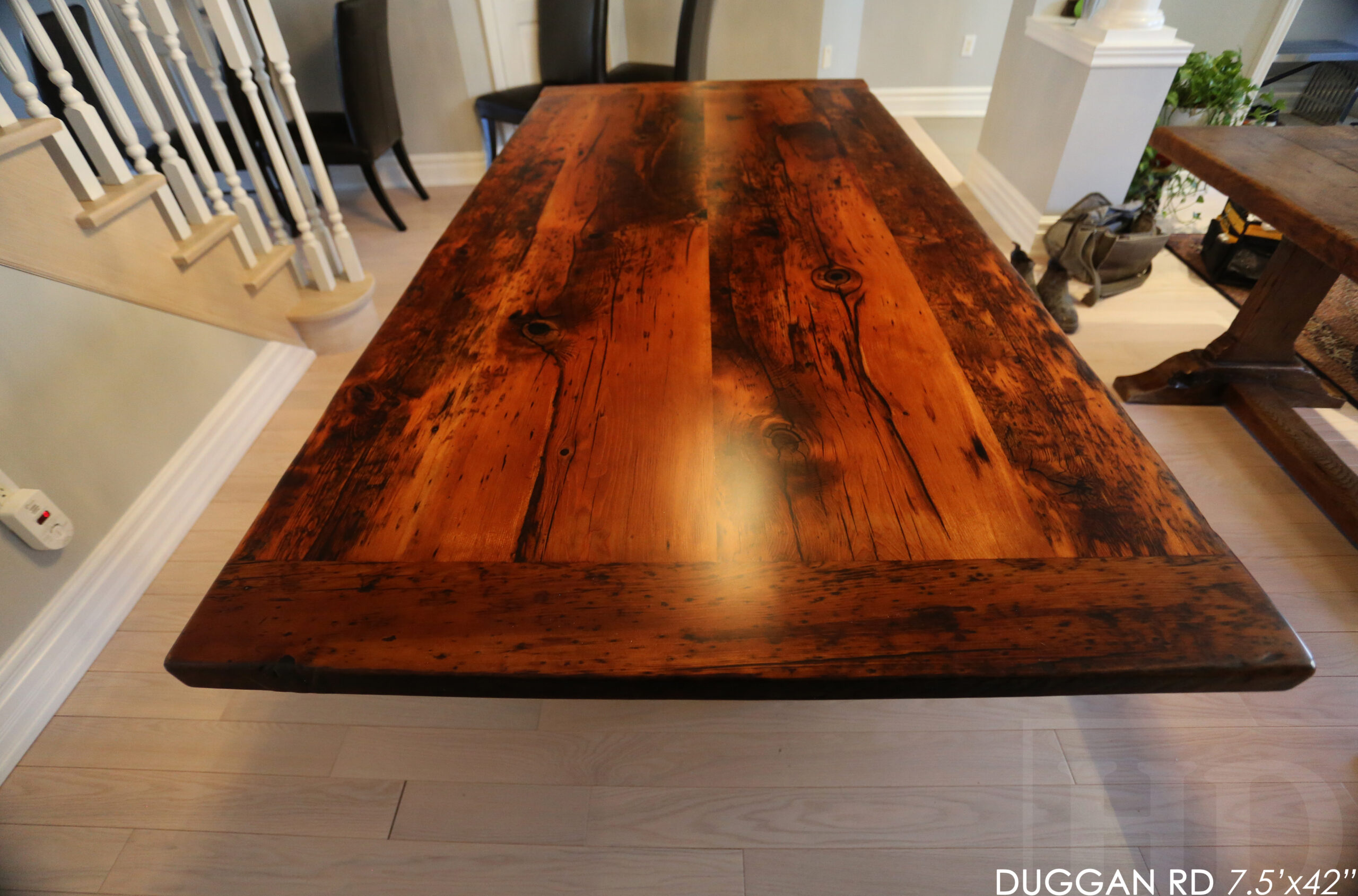 7' Reclaimed Wood Table made from Ontario barnwood for Toronto home - 42" wide - Modified Plank Base Option - Hemlock Threshing Floor Construction - Original edges & distressing maintained - Premium epoxy + satin polyurethane finish 