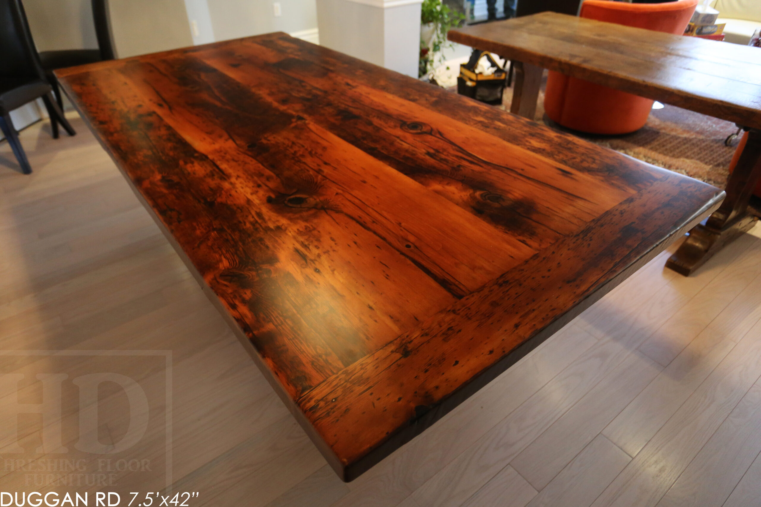 7.5' Reclaimed Wood Table made from Ontario barnwood for Toronto home - 42" wide - Modified Plank Base Option - Hemlock Threshing Floor Construction - Original edges & distressing maintained - Premium epoxy + satin polyurethane finish 