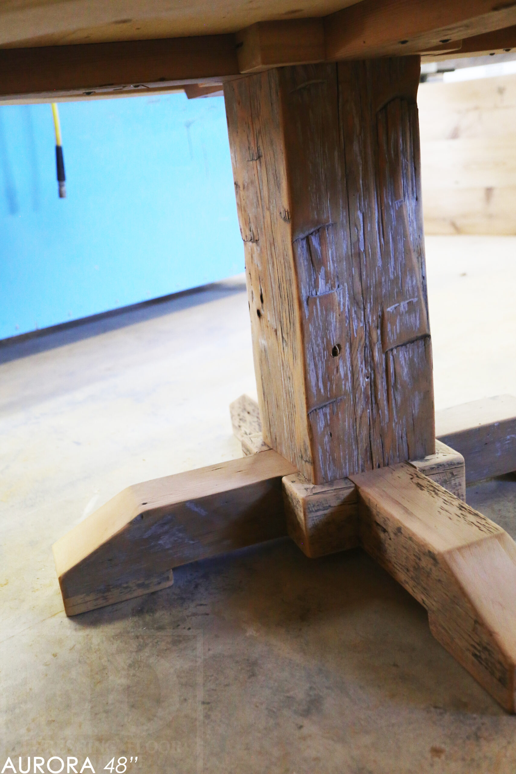 48" Round Reclaimed Wood Table for Aurora home - Hand-Hewn Beam Pedestal Post - Thick 3" Hemlock Threshing Floor Barnwood Construction - Original edges & distressing maintained - Premium epoxy + satin polyurethane finish / www.table.ca