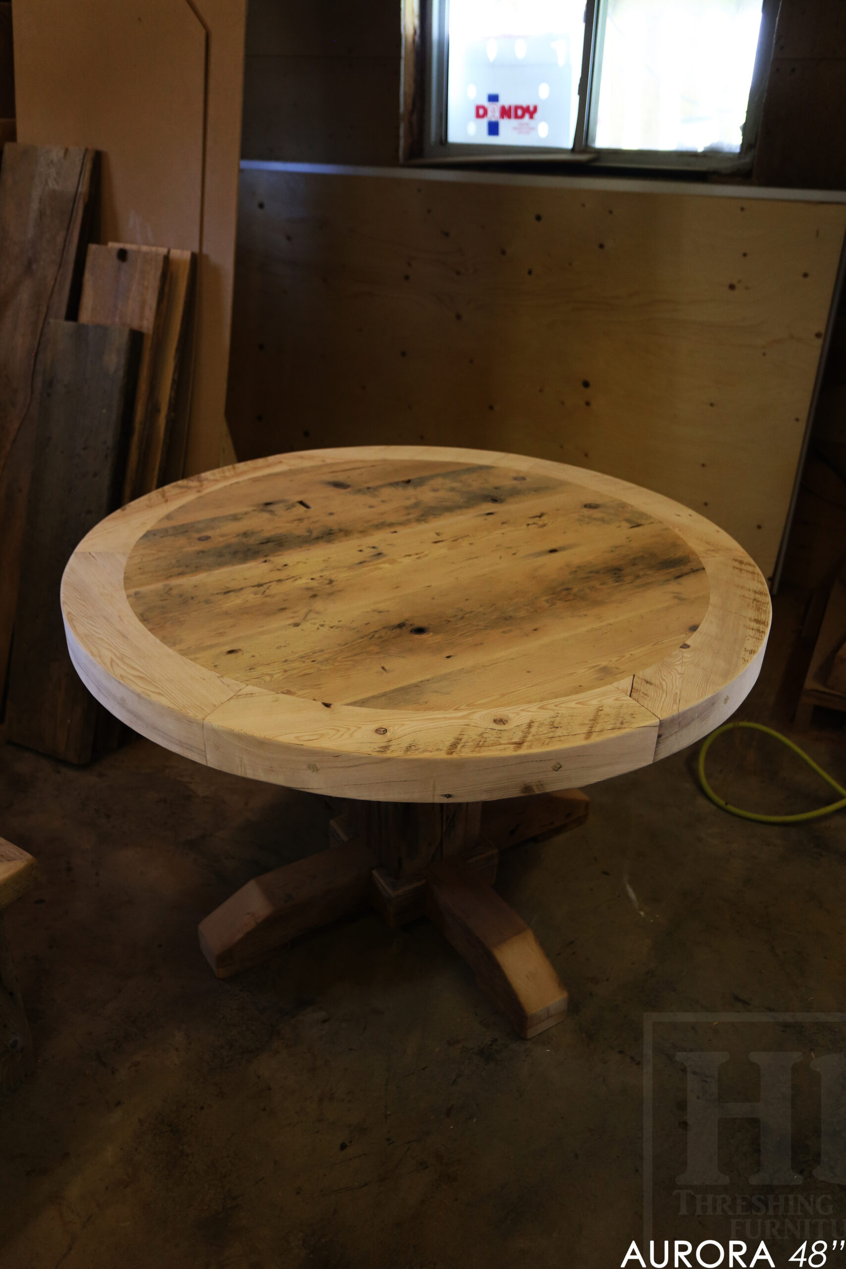 48" Round Reclaimed Wood Table for Aurora home - Hand-Hewn Beam Pedestal Post - Thick 3" Hemlock Threshing Floor Barnwood Construction - Original edges & distressing maintained - Premium epoxy + satin polyurethane finish / www.table.ca