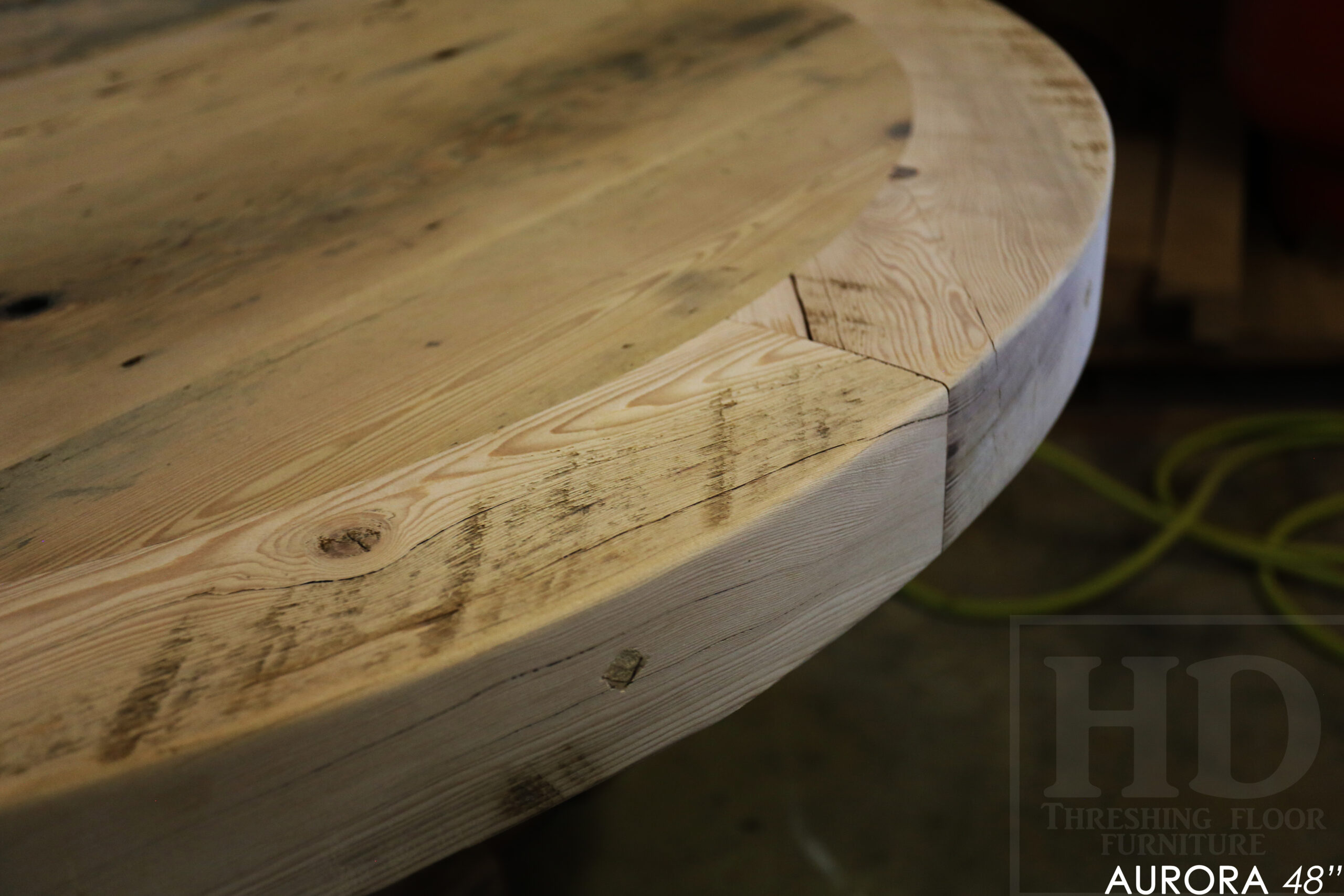 48" Round Reclaimed Wood Table for Aurora home - Hand-Hewn Beam Pedestal Post - Thick 3" Hemlock Threshing Floor Barnwood Construction - Original edges & distressing maintained - Premium epoxy + satin polyurethane finish / www.table.ca