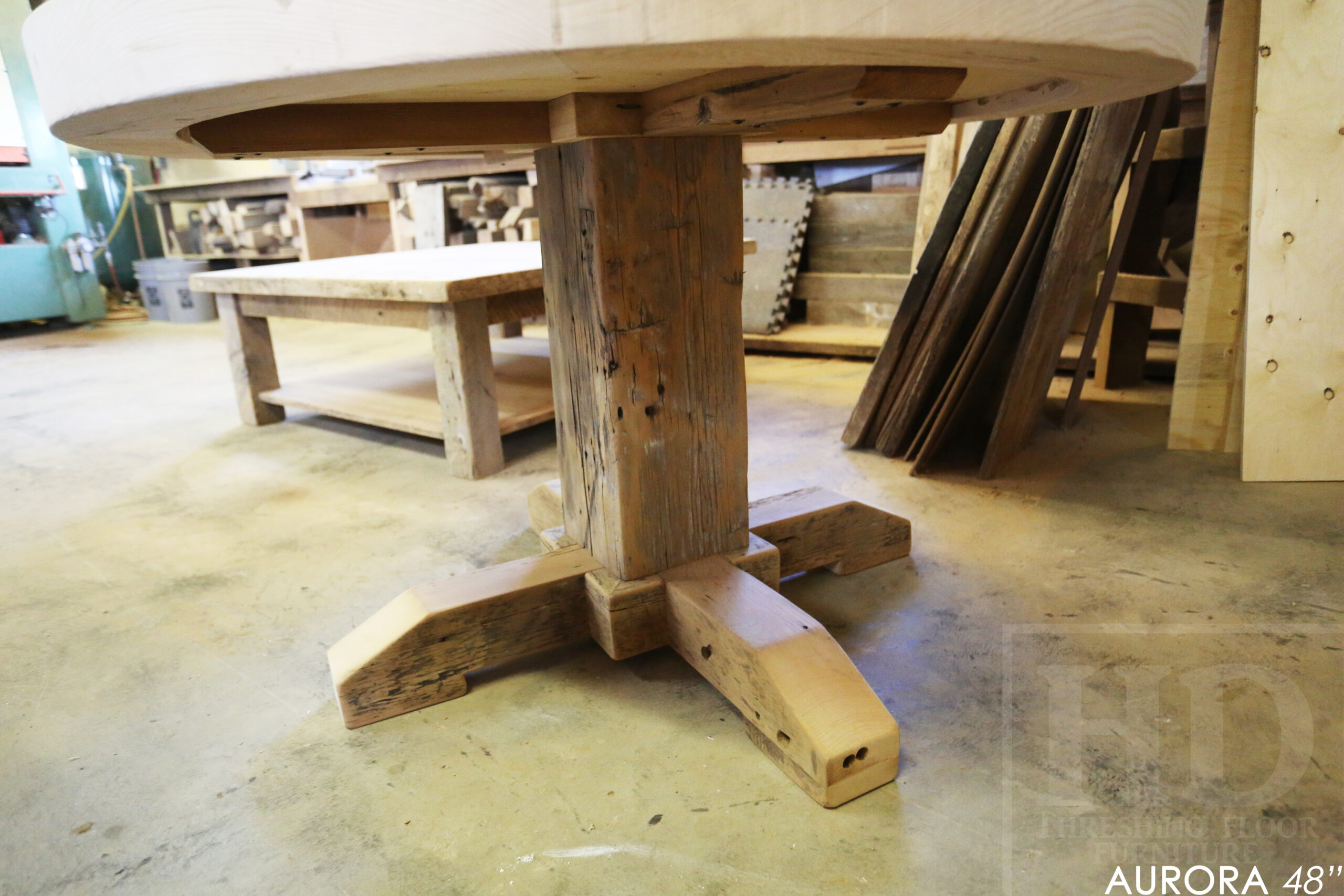 48" Round Reclaimed Wood Table for Aurora home - Hand-Hewn Beam Pedestal Post - Thick 3" Hemlock Threshing Floor Barnwood Construction - Original edges & distressing maintained - Premium epoxy + satin polyurethane finish / www.table.ca