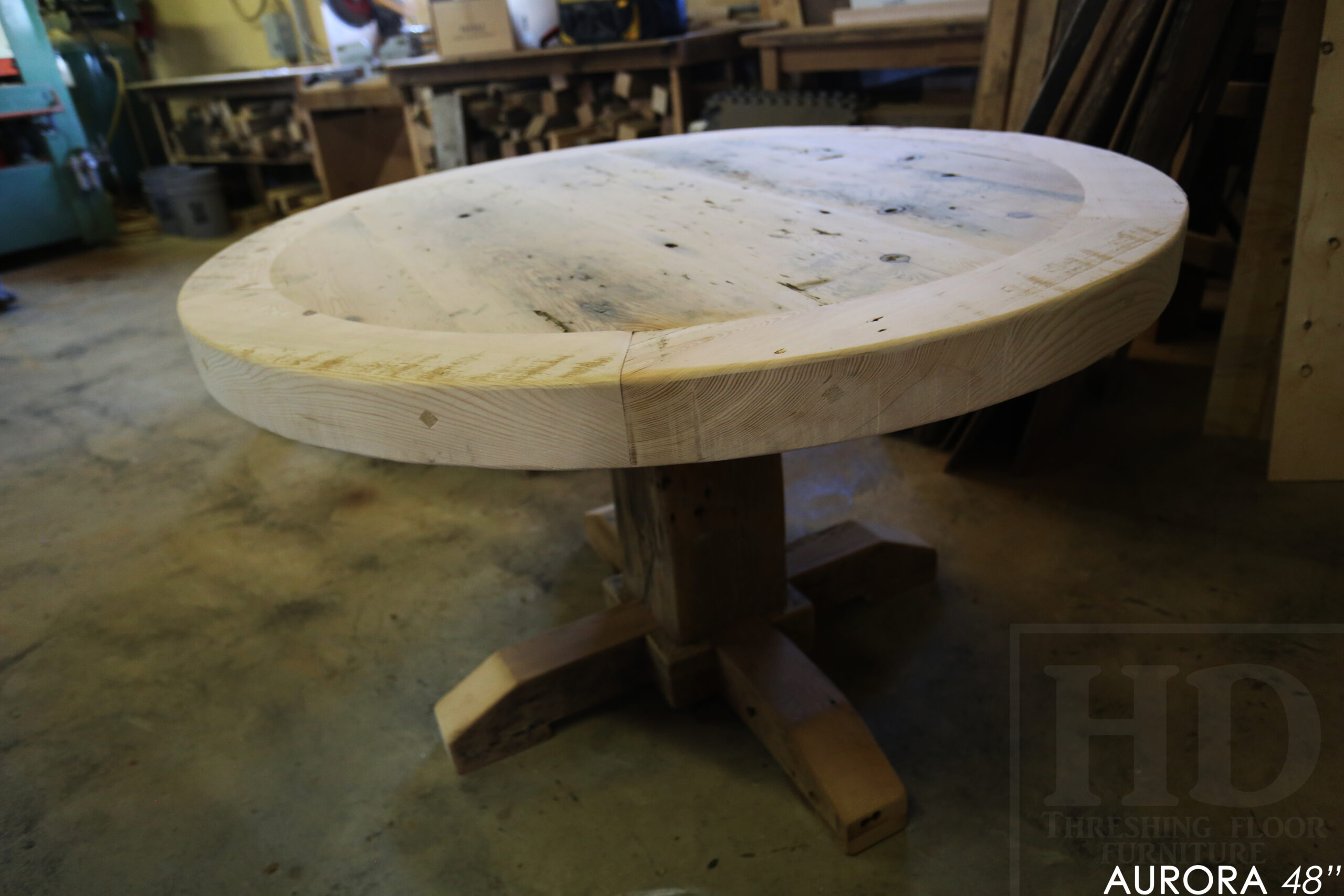 48" Round Reclaimed Wood Table for Aurora home - Hand-Hewn Beam Pedestal Post - Thick 3" Hemlock Threshing Floor Barnwood Construction - Original edges & distressing maintained - Premium epoxy + satin polyurethane finish / www.table.ca