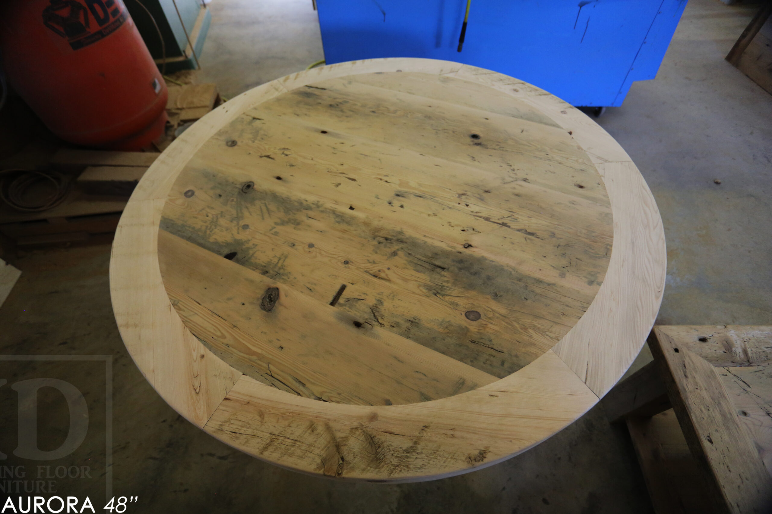 48" Round Reclaimed Wood Table for Aurora home - Hand-Hewn Beam Pedestal Post - Thick 3" Hemlock Threshing Floor Barnwood Construction - Original edges & distressing maintained - Premium epoxy + satin polyurethane finish / www.table.ca