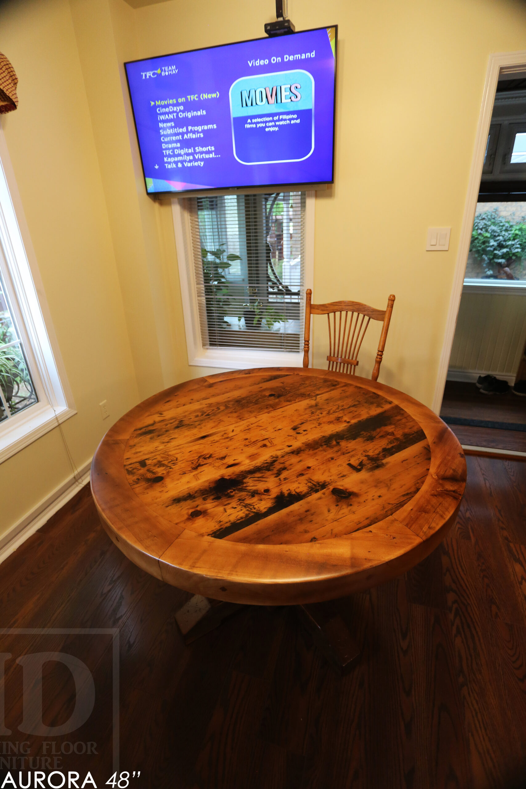 48" Round Reclaimed Wood Table for Aurora home - Hand-Hewn Beam Pedestal Post - Thick 3" Hemlock Threshing Floor Barnwood Construction - Original edges & distressing maintained - Premium epoxy + satin polyurethane finish / www.table.ca