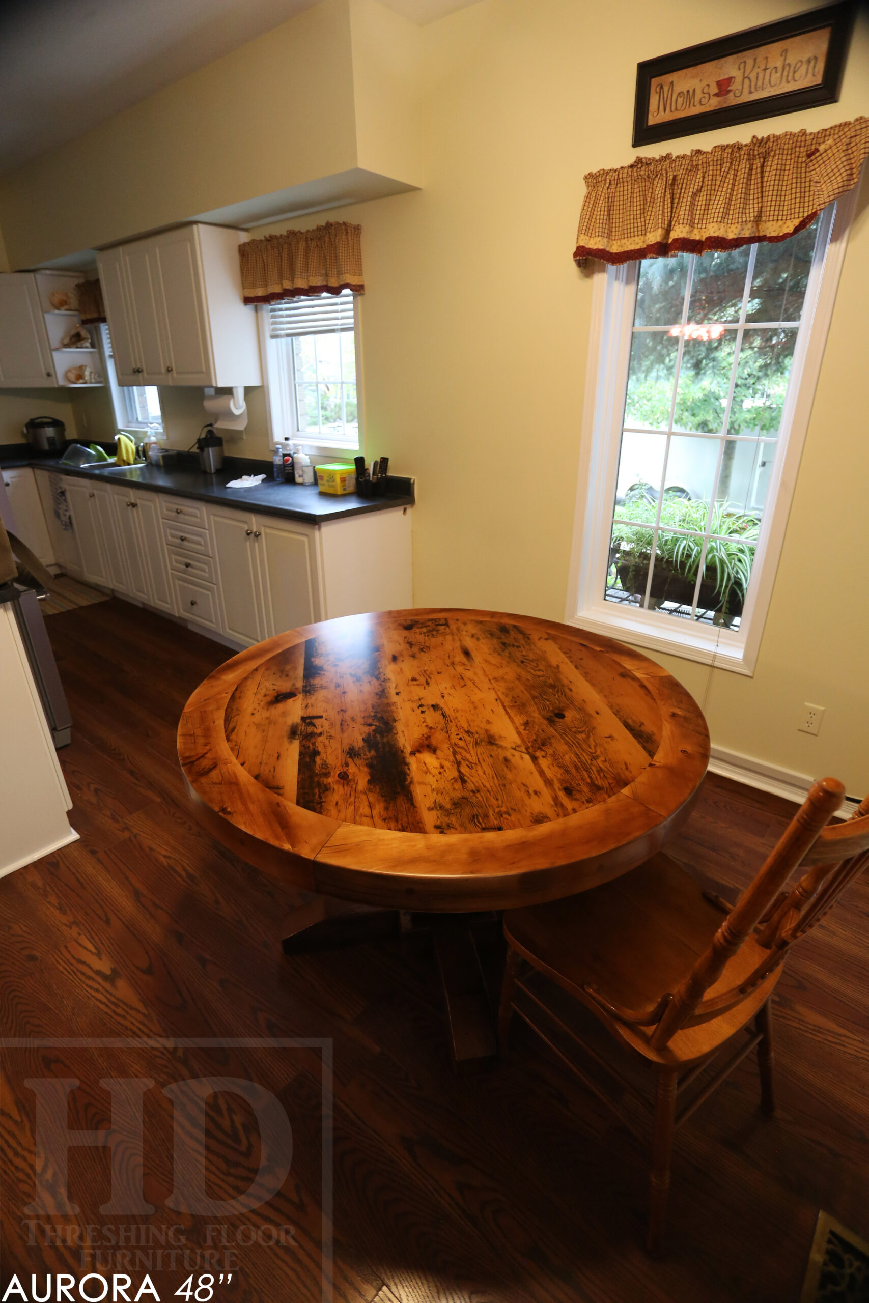 48" Round Reclaimed Wood Table for Aurora home - Hand-Hewn Beam Pedestal Post - Thick 3" Hemlock Threshing Floor Barnwood Construction - Original edges & distressing maintained - Premium epoxy + satin polyurethane finish / www.table.ca