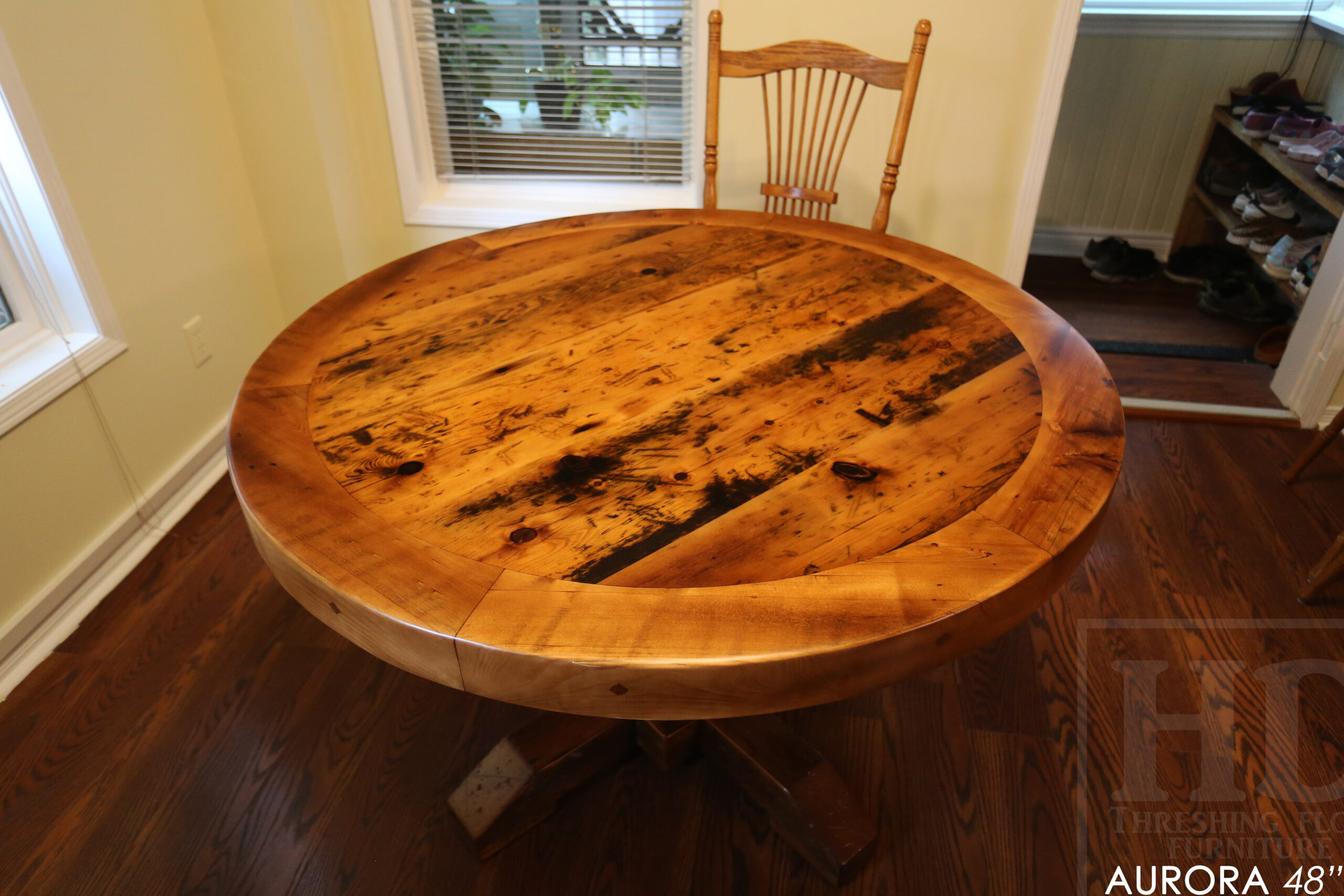 48" Round Reclaimed Wood Table for Aurora home - Hand-Hewn Beam Pedestal Post - Thick 3" Hemlock Threshing Floor Barnwood Construction - Original edges & distressing maintained - Premium epoxy + satin polyurethane finish / www.table.ca