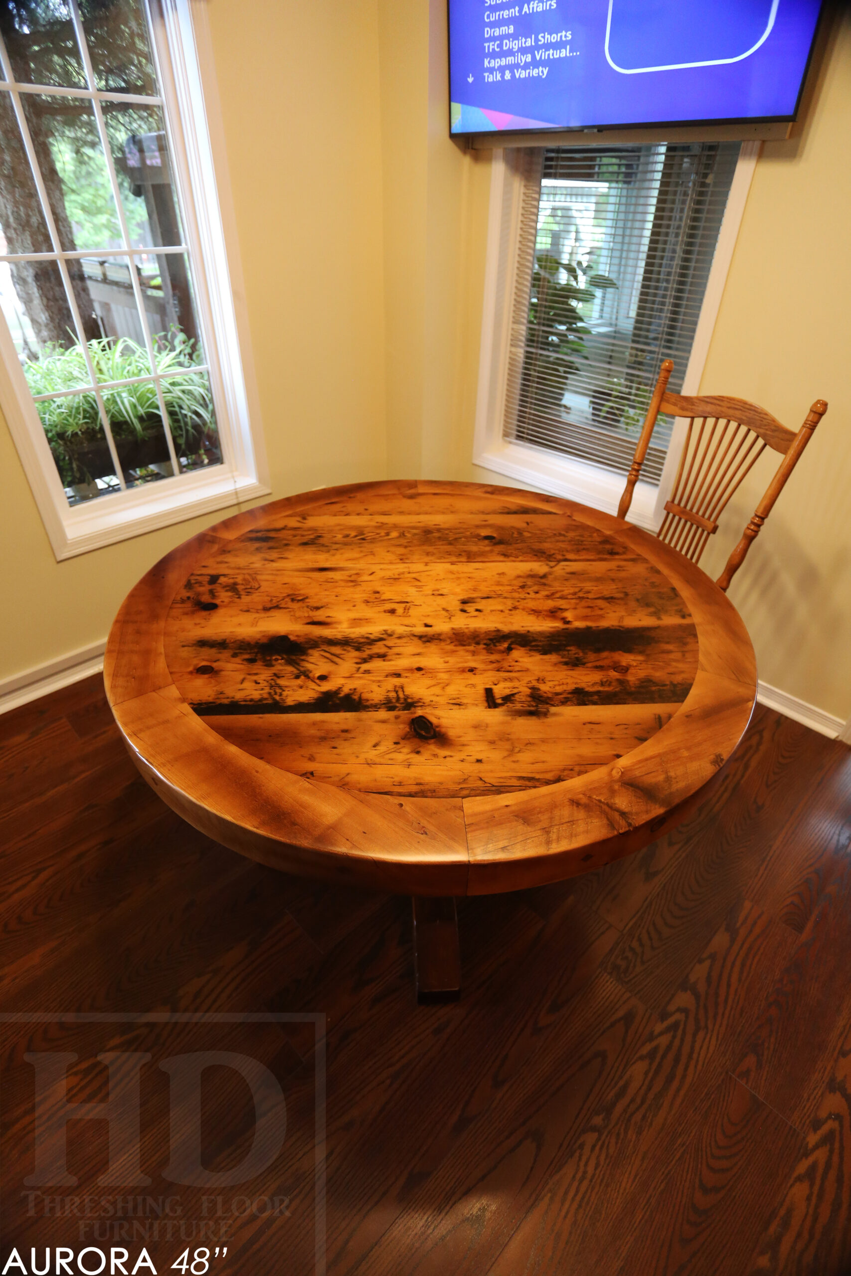 48" Round Reclaimed Wood Table for Aurora home - Hand-Hewn Beam Pedestal Post - Thick 3" Hemlock Threshing Floor Barnwood Construction - Original edges & distressing maintained - Premium epoxy + satin polyurethane finish / www.table.ca