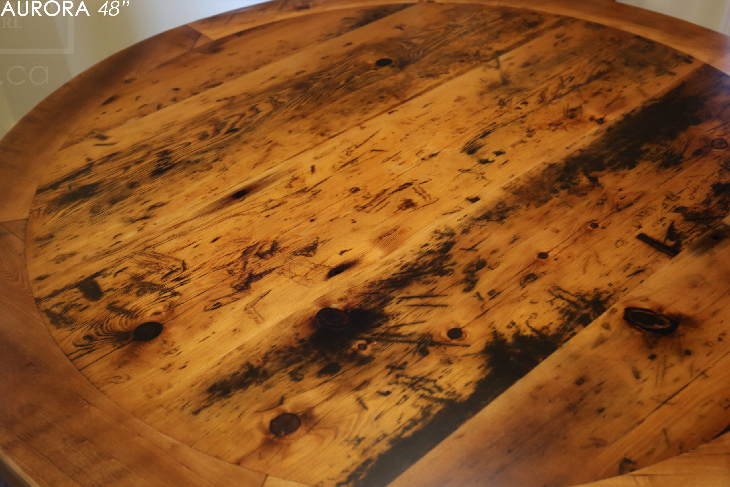 48" Round Reclaimed Wood Table for Aurora home - Hand-Hewn Beam Pedestal Post - Thick 3" Hemlock Threshing Floor Barnwood Construction - Original edges & distressing maintained - Premium epoxy + satin polyurethane finish / www.table.ca