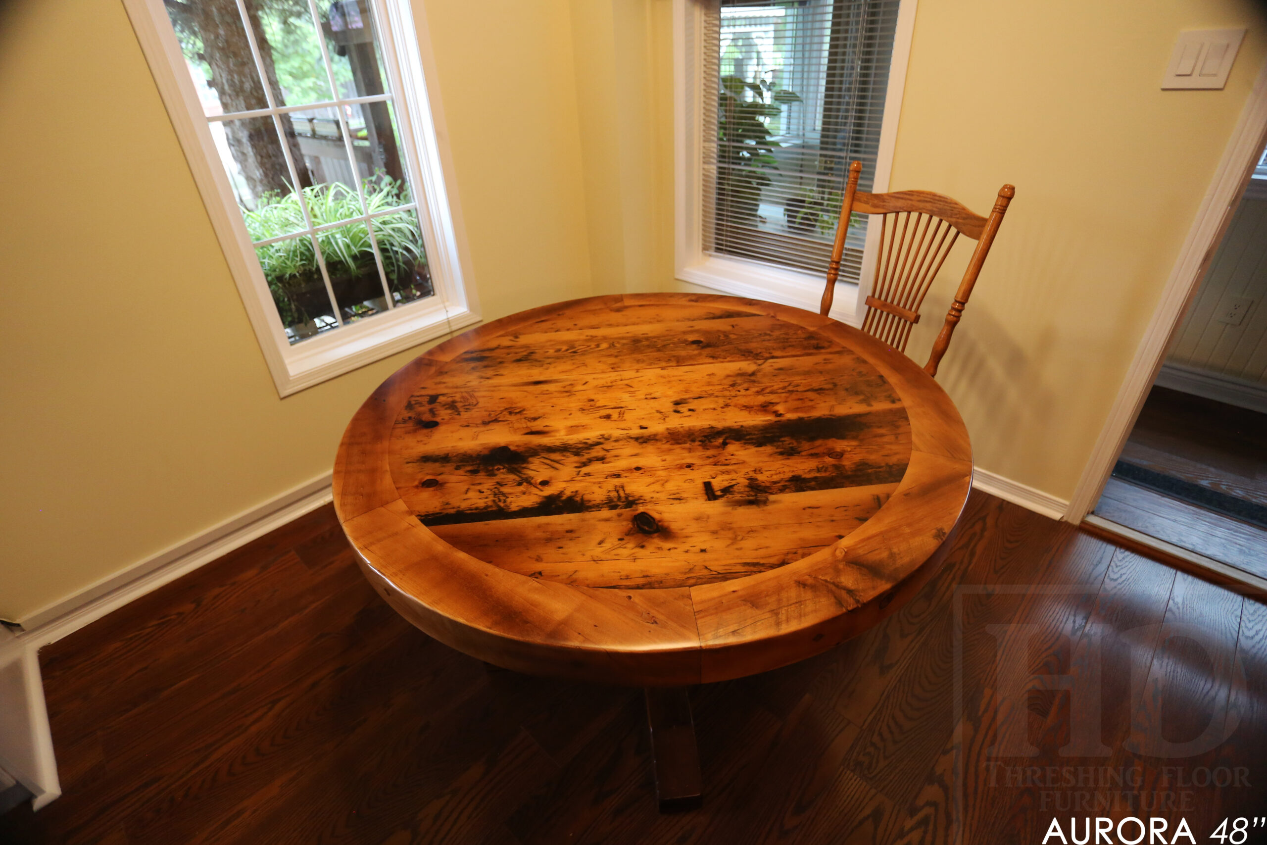 48" Round Reclaimed Wood Table for Aurora home - Hand-Hewn Beam Pedestal Post - Thick 3" Hemlock Threshing Floor Barnwood Construction - Original edges & distressing maintained - Premium epoxy + satin polyurethane finish / www.table.ca