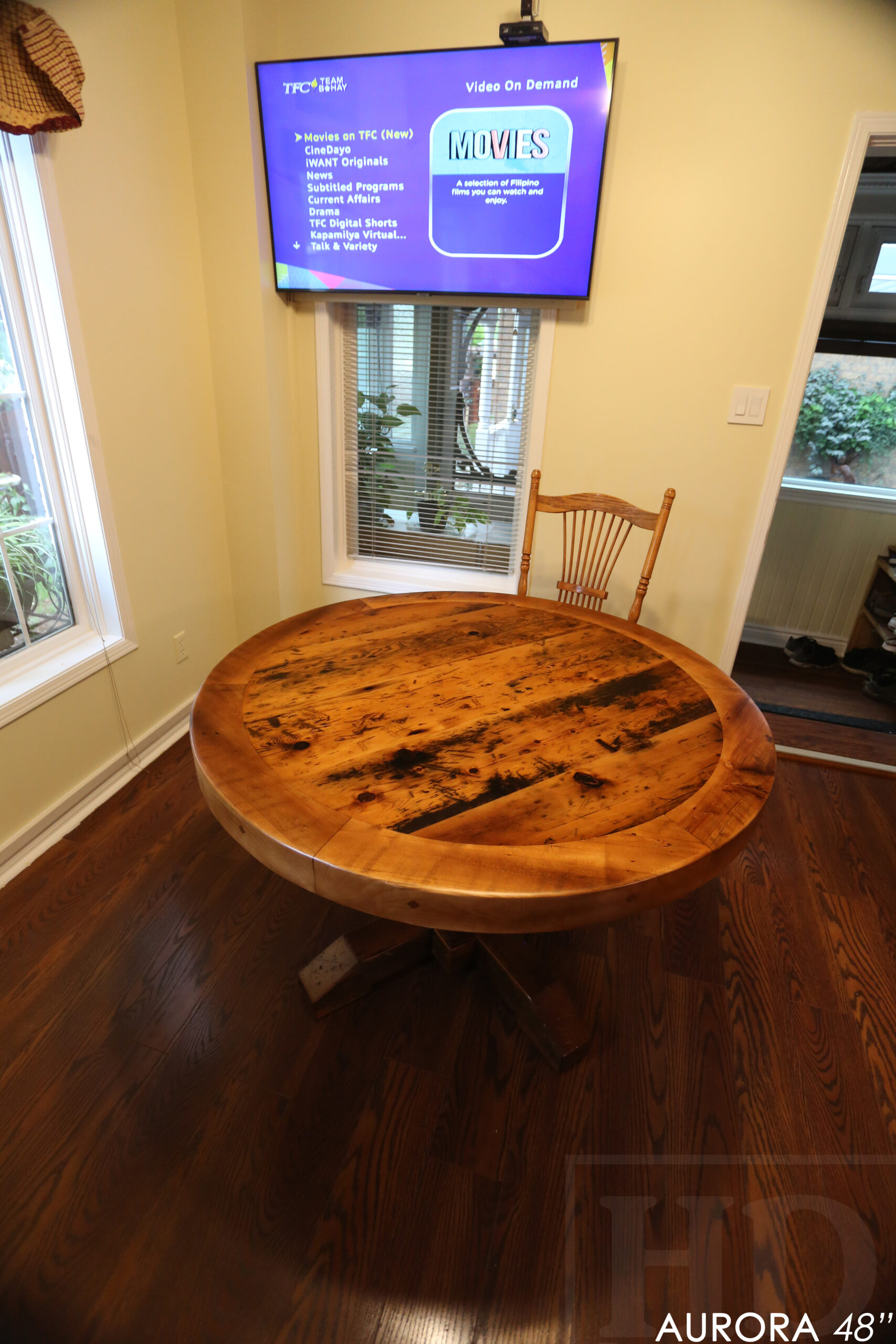 48" Round Reclaimed Wood Table for Aurora home - Hand-Hewn Beam Pedestal Post - Thick 3" Hemlock Threshing Floor Barnwood Construction - Original edges & distressing maintained - Premium epoxy + satin polyurethane finish / www.table.ca