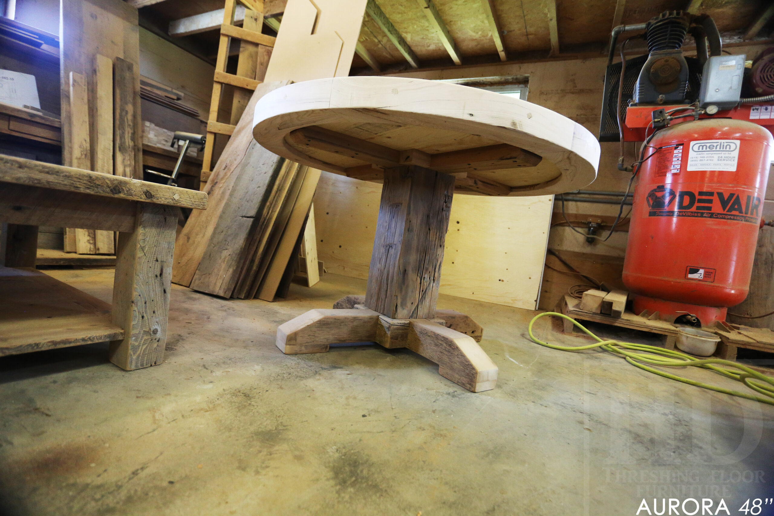 48" Round Reclaimed Wood Table for Aurora home - Hand-Hewn Beam Pedestal Post - Thick 3" Hemlock Threshing Floor Barnwood Construction - Original edges & distressing maintained - Premium epoxy + satin polyurethane finish / www.table.ca