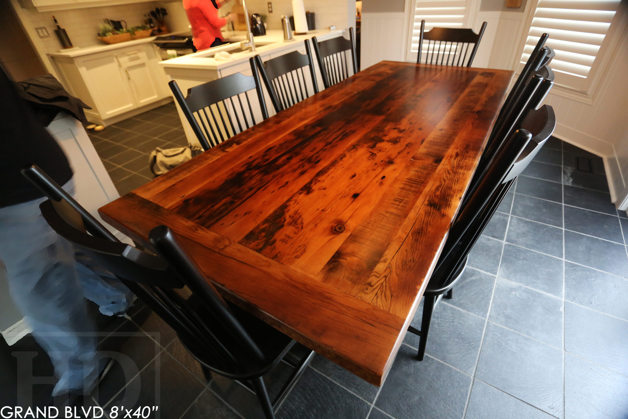 96" Reclaimed Wood Table for an Oakville home - 40" wide - Hemlock Threshing Floor Barnwood Construction - Original edges & distressing maintained - Matte Black Metal Base - Premium epoxy + satin polyurethane finish - 8 Buckhorn Chairs / Wormy Maple / Solid Black Painted / satin polyurethane finish / www.table.ca