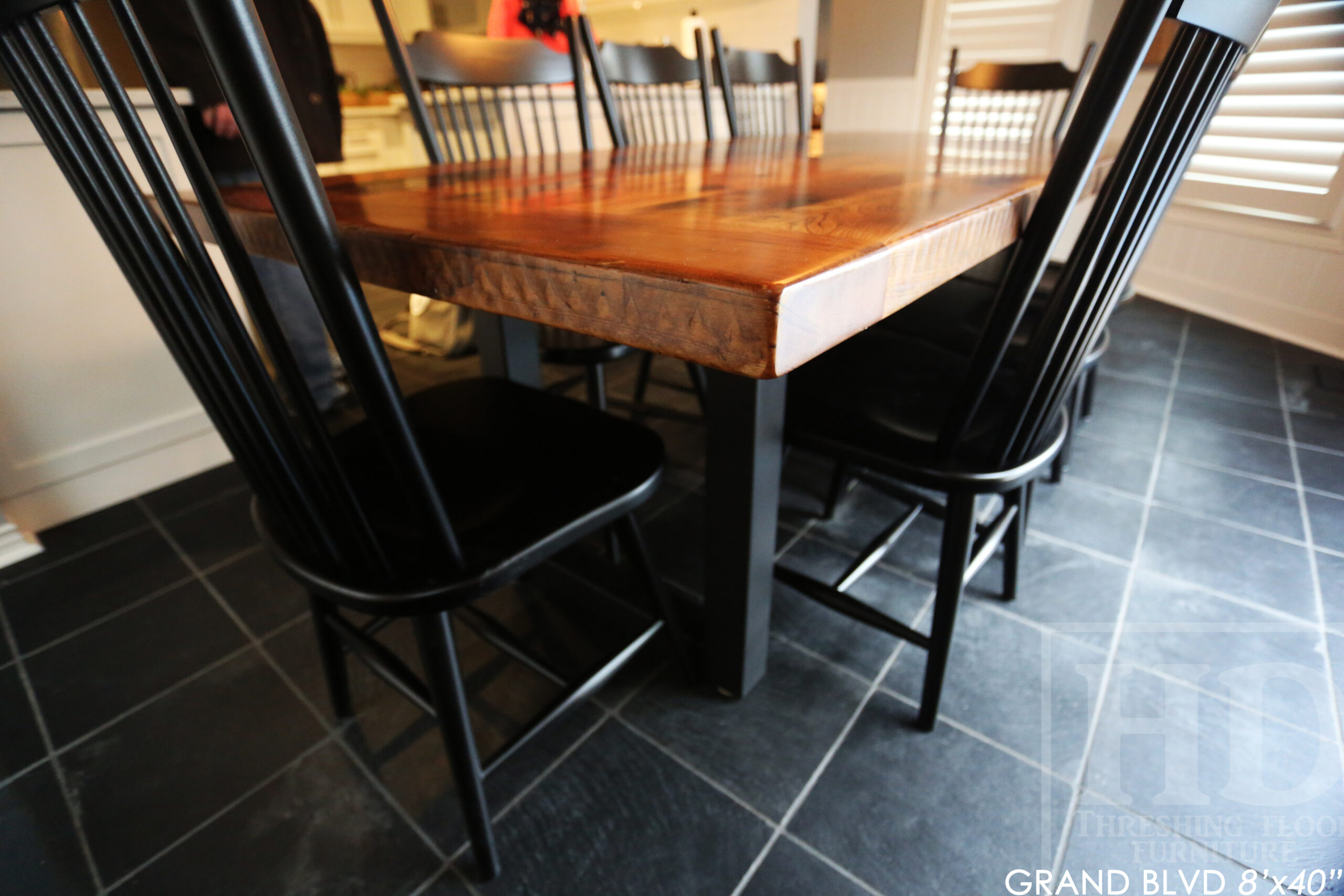 96" Reclaimed Wood Table for an Oakville home - 40" wide - Hemlock Threshing Floor Barnwood Construction - Original edges & distressing maintained - Matte Black Metal Base - Premium epoxy + satin polyurethane finish - 8 Buckhorn Chairs / Wormy Maple / Solid Black Painted / satin polyurethane finish / www.table.ca