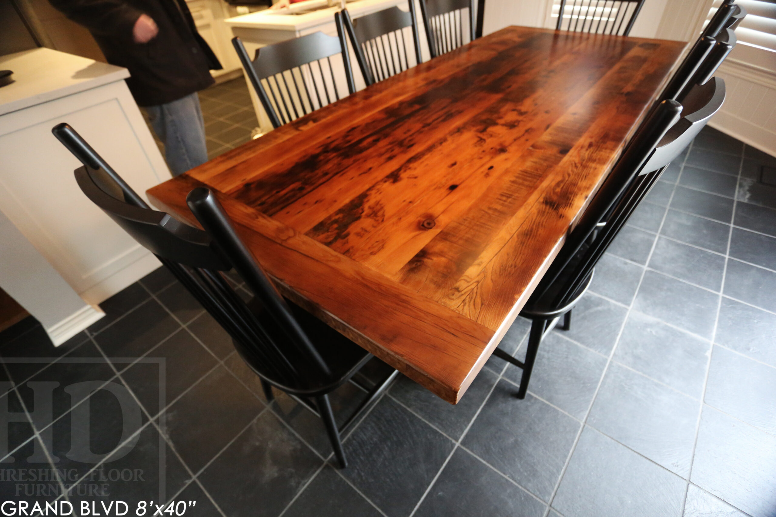 96" Reclaimed Wood Table for an Oakville home - 40" wide - Hemlock Threshing Floor Barnwood Construction - Original edges & distressing maintained - Matte Black Metal Base - Premium epoxy + satin polyurethane finish - 8 Buckhorn Chairs / Wormy Maple / Solid Black Painted / satin polyurethane finish / www.table.ca