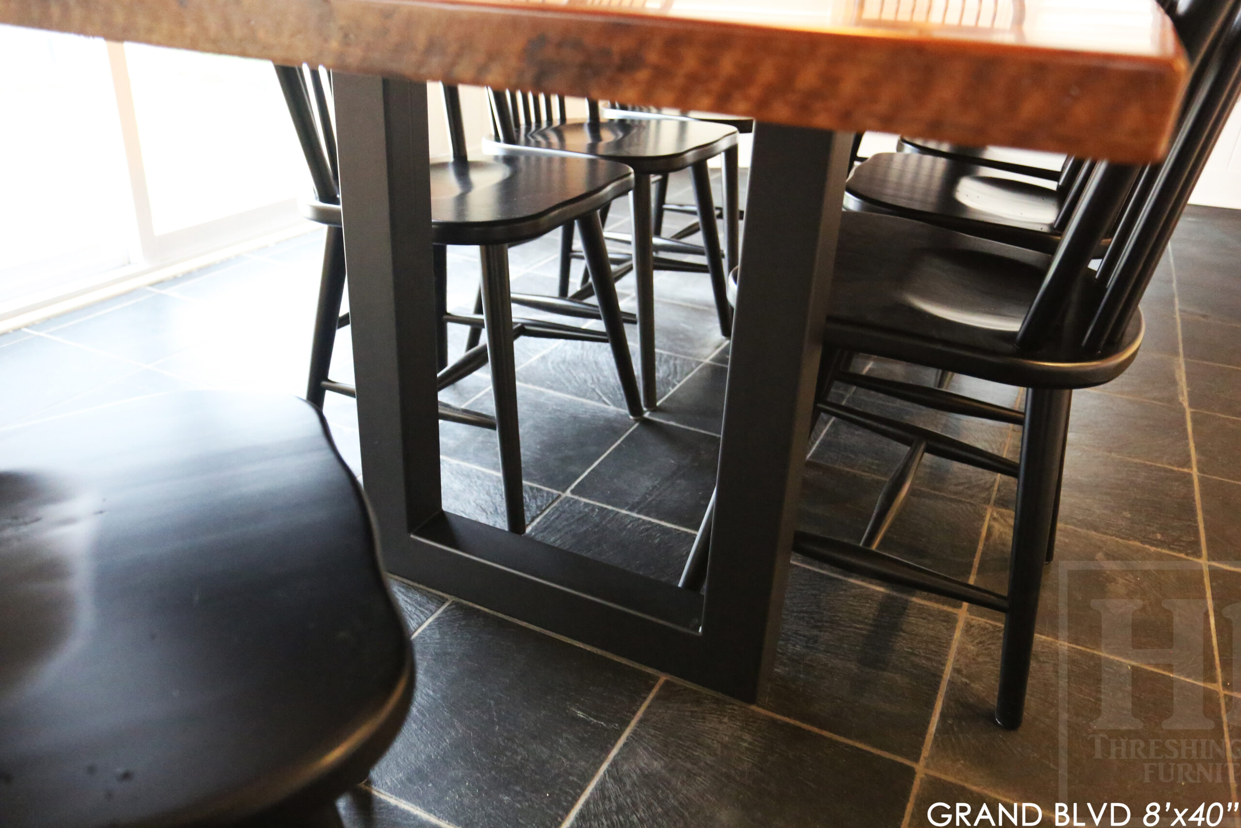 96" Reclaimed Wood Table for an Oakville home - 40" wide - Hemlock Threshing Floor Barnwood Construction - Original edges & distressing maintained - Matte Black Metal Base - Premium epoxy + satin polyurethane finish - 8 Buckhorn Chairs / Wormy Maple / Solid Black Painted / satin polyurethane finish / www.table.ca