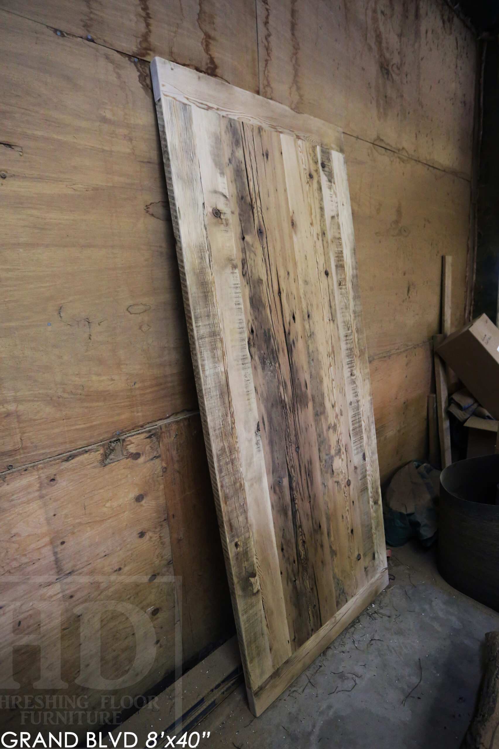 96" Reclaimed Wood Table for an Oakville home - 40" wide - Hemlock Threshing Floor Barnwood Construction - Original edges & distressing maintained - Matte Black Metal Base - Premium epoxy + satin polyurethane finish - 8 Buckhorn Chairs / Wormy Maple / Solid Black Painted / satin polyurethane finish / www.table.ca