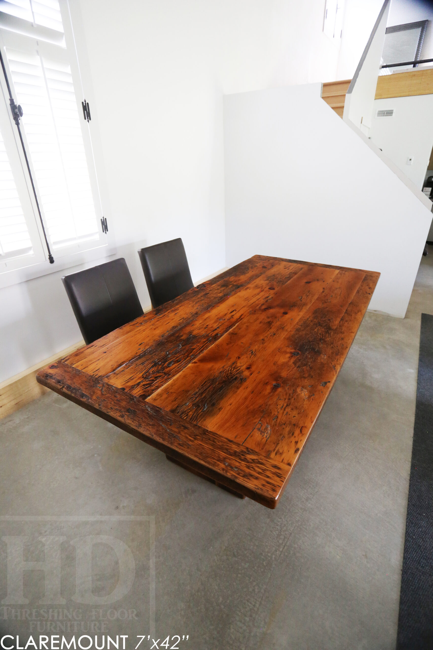 7' Reclaimed Wood Table for Claremount, ON home - 42" wide - Modern plank base - Old Growth Pine Barnwood Construction - Original edges & distressing maintained - Satin polyurethane finish [no epoxy filling] / www.table.ca