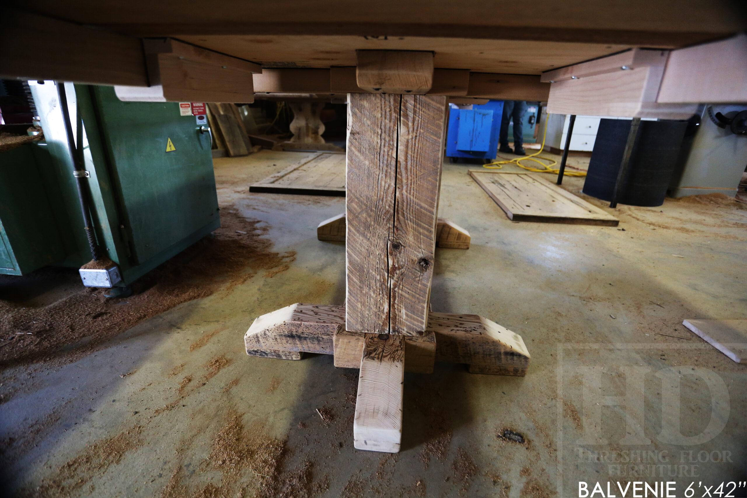 6' Reclaimed Wood Table for a Caledonia Home - 42" wide - Hand-Hewn Beam Pedestals Base - Hemlock Threshing Floor Construction - Original edges & distressing maintained - Premium epoxy + satin polyurethane finish - Two 12" Leaf Extensions - 18" Round Lazy Susan - 6' reclaimed wood bench / www.table.ca