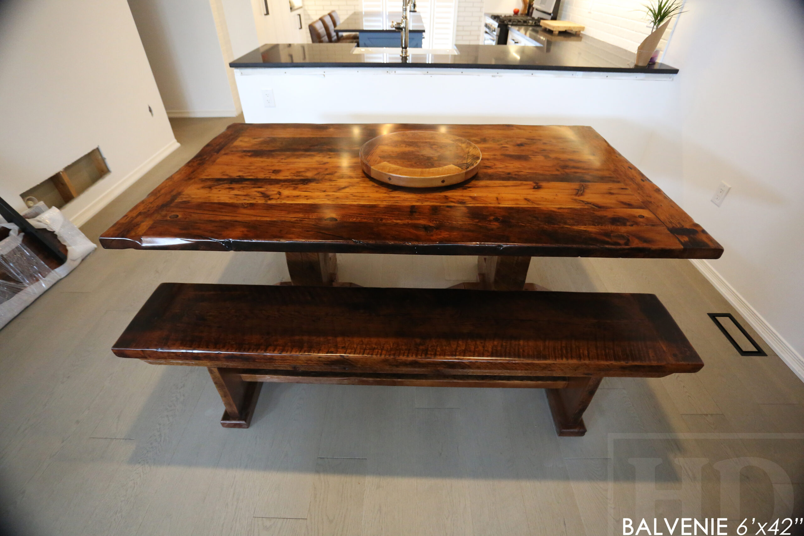 6' Reclaimed Wood Table for a Caledonia Home - 42" wide - Hand-Hewn Beam Pedestals Base - Hemlock Threshing Floor Construction - Original edges & distressing maintained - Premium epoxy + satin polyurethane finish - Two 12" Leaf Extensions - 18" Round Lazy Susan - 6' reclaimed wood bench / www.table.ca