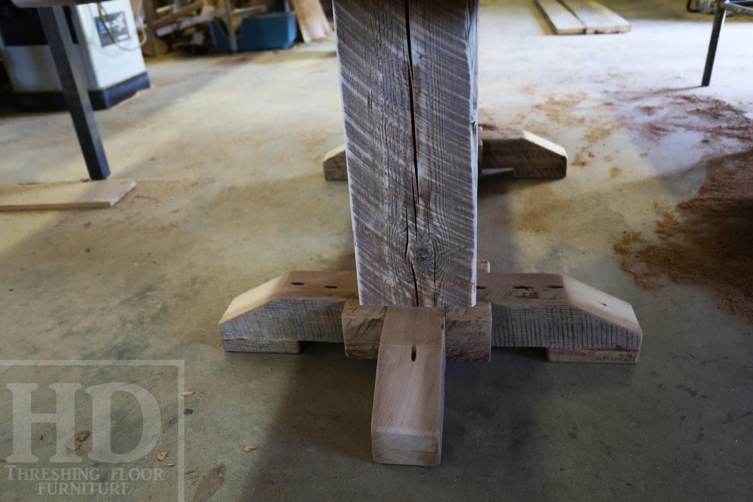 6' Reclaimed Wood Table for a Caledonia Home - 42" wide - Hand-Hewn Beam Pedestals Base - Hemlock Threshing Floor Construction - Original edges & distressing maintained - Premium epoxy + satin polyurethane finish - Two 12" Leaf Extensions - 18" Round Lazy Susan - 6' reclaimed wood bench / www.table.ca