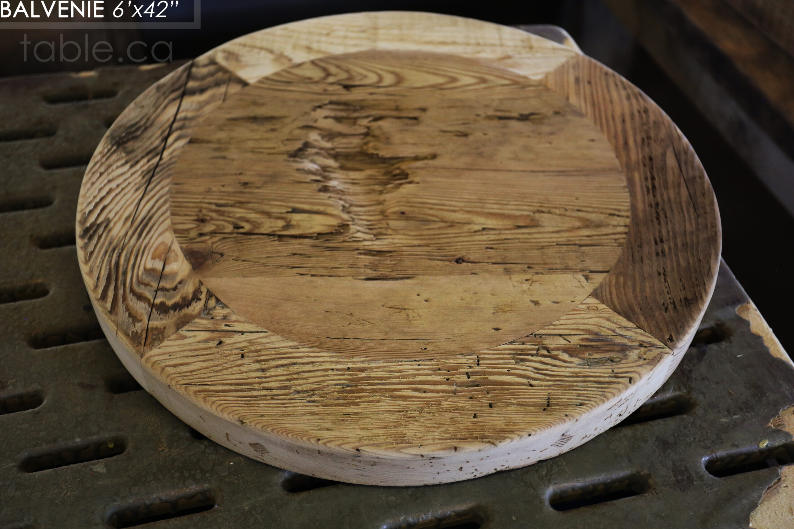 6' Reclaimed Wood Table for a Caledonia Home - 42" wide - Hand-Hewn Beam Pedestals Base - Hemlock Threshing Floor Construction - Original edges & distressing maintained - Premium epoxy + satin polyurethane finish - Two 12" Leaf Extensions - 18" Round Lazy Susan - 6' reclaimed wood bench / www.table.ca