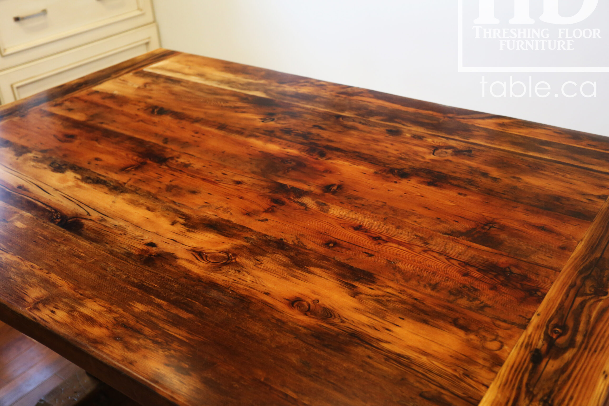 5' 2" Reclaimed Wood Table we made for a Breslau, Ontario home - 42" wide - Trestle Base - Old Growth Hemlock Threshing Floor Construction - Original edges & distressing maintained - Premium epoxy + satin polyurethane finish - www.table.ca